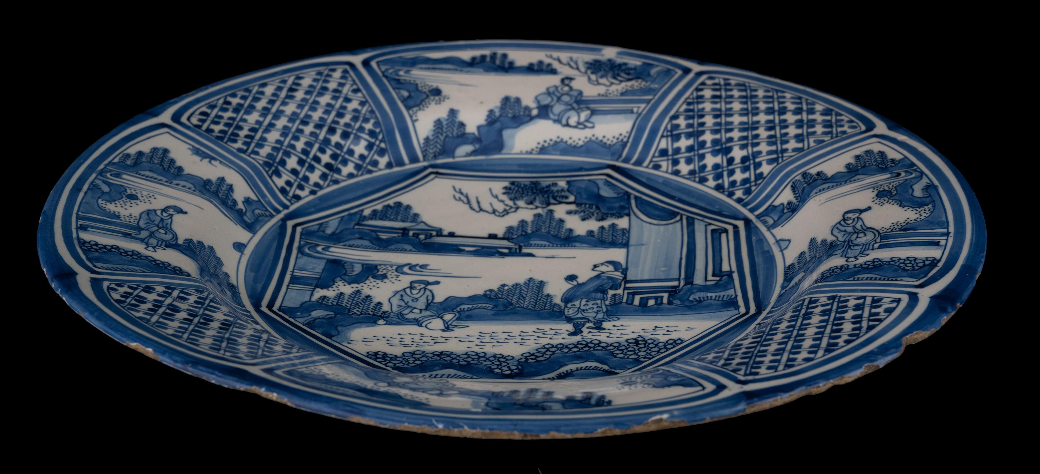 Ceramic Large Blue and White Chinoiserie Dish Delft, 1650-1680 Chinese Figures For Sale