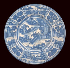 Large Blue and White Chinoiserie Dish Delft, circa 1670 Chinese Figures