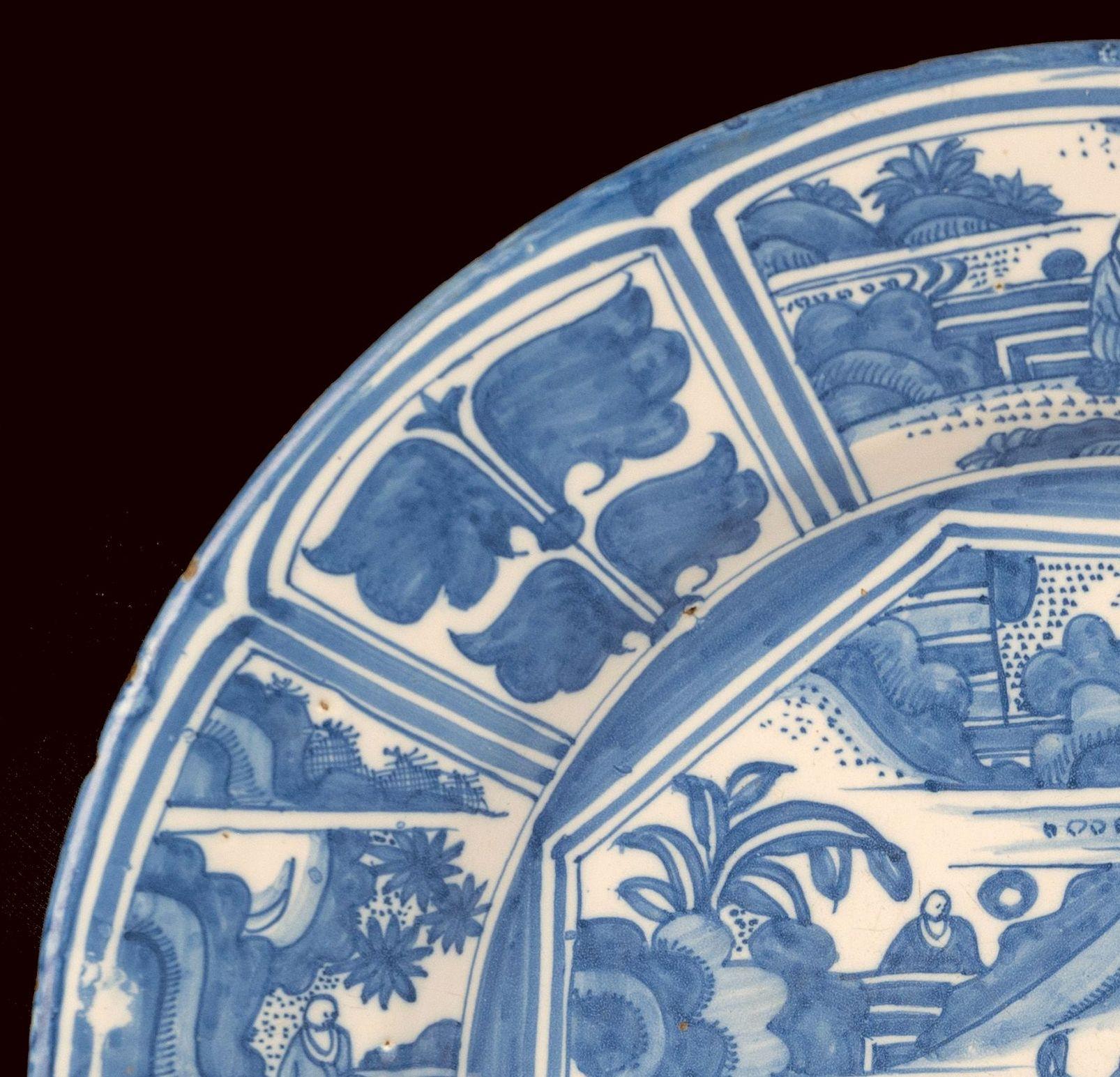 Dutch Large Blue and White Chinoiserie Dish Delft, circa 1670 Chinese Figures For Sale