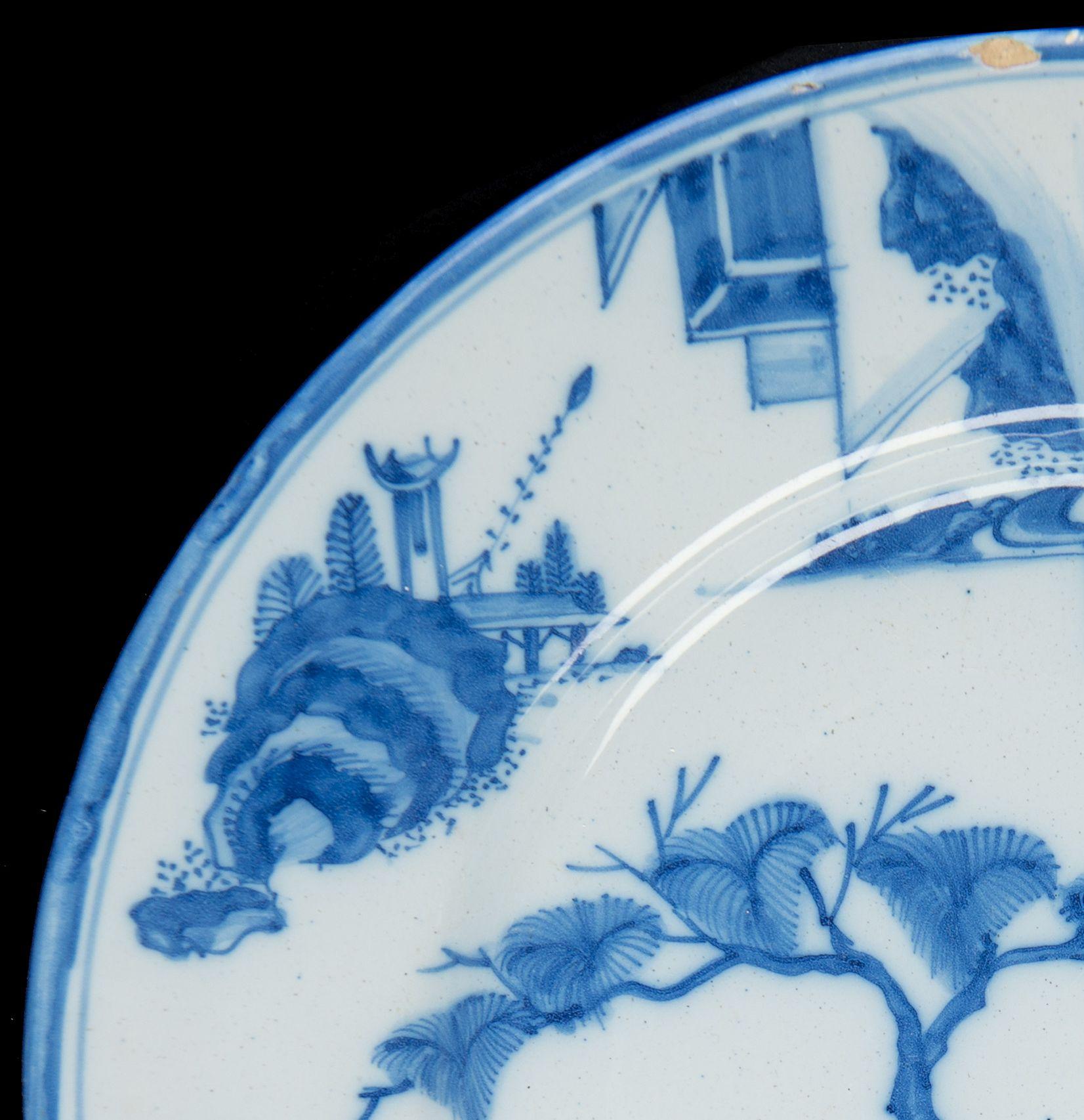 Glazed Large Blue and White Chinoiserie Dish Delft, circa 1670 Garden-Like Landscape For Sale