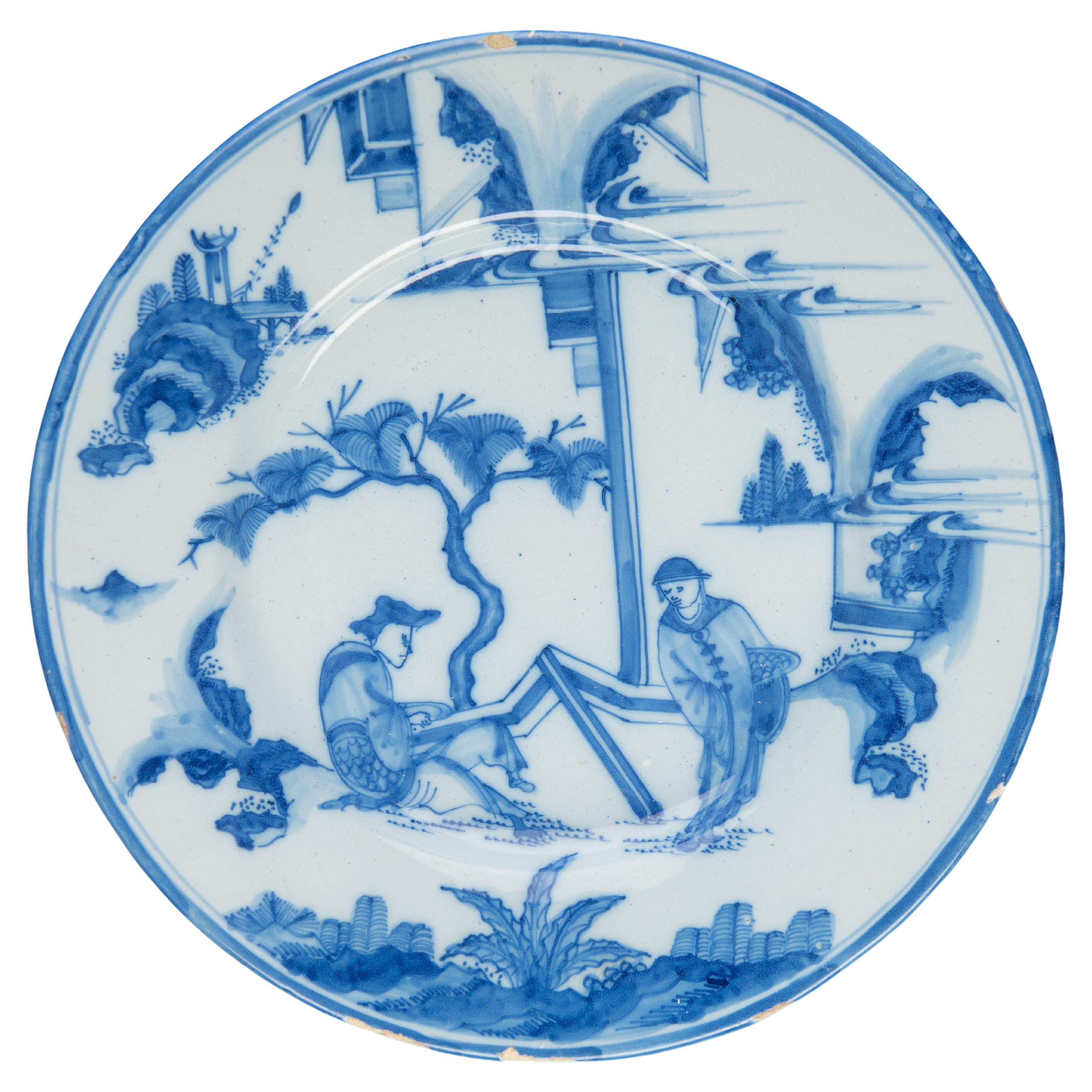Large Blue and White Chinoiserie Dish Delft, circa 1670 Garden-Like Landscape For Sale