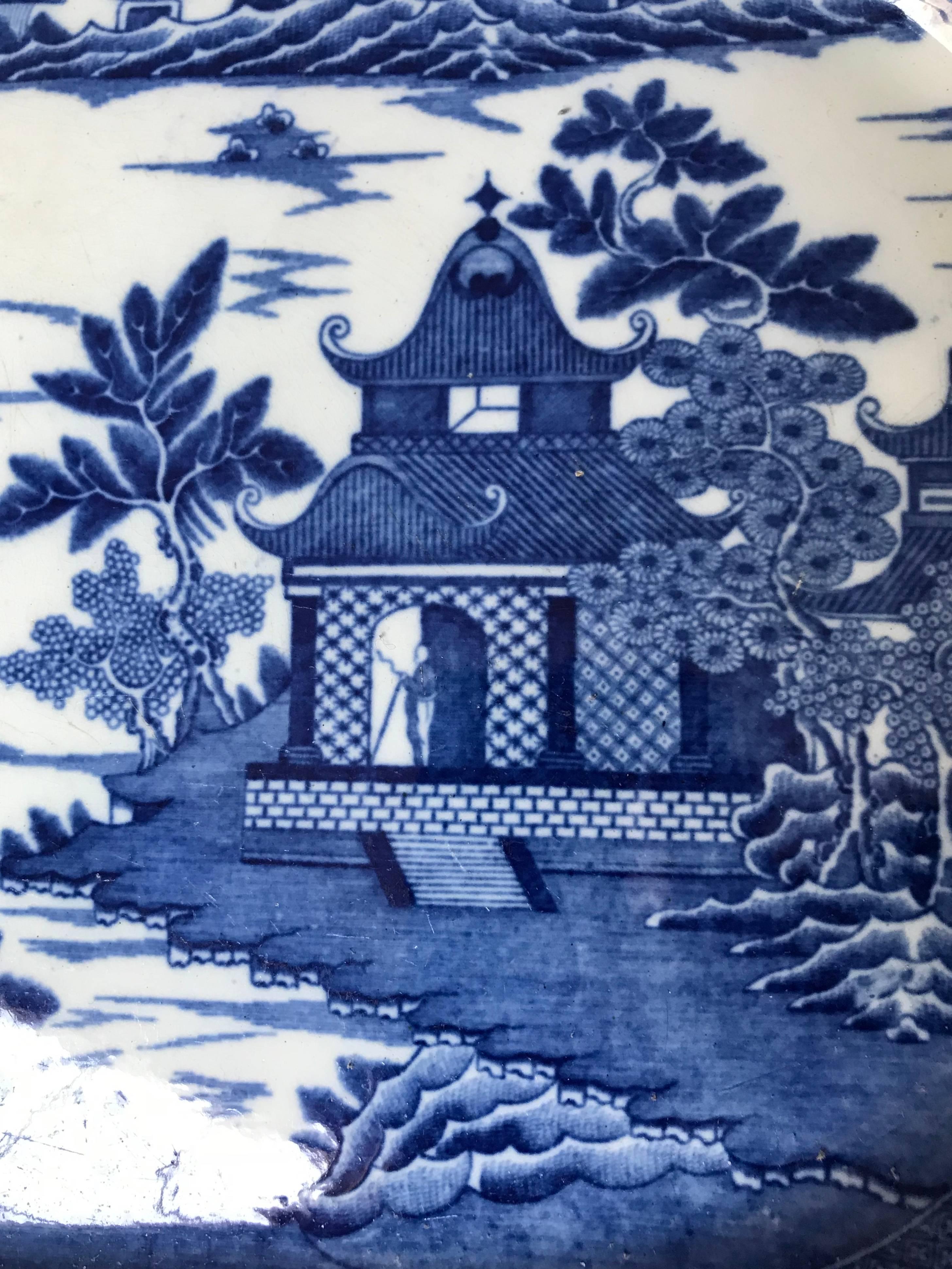 Large Blue and White Chinoiserie Platter In Excellent Condition In New York, NY