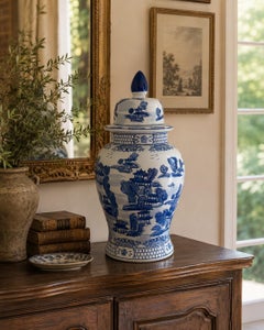 Large Blue and White Chinoiserie Porcelain Ginger Jar