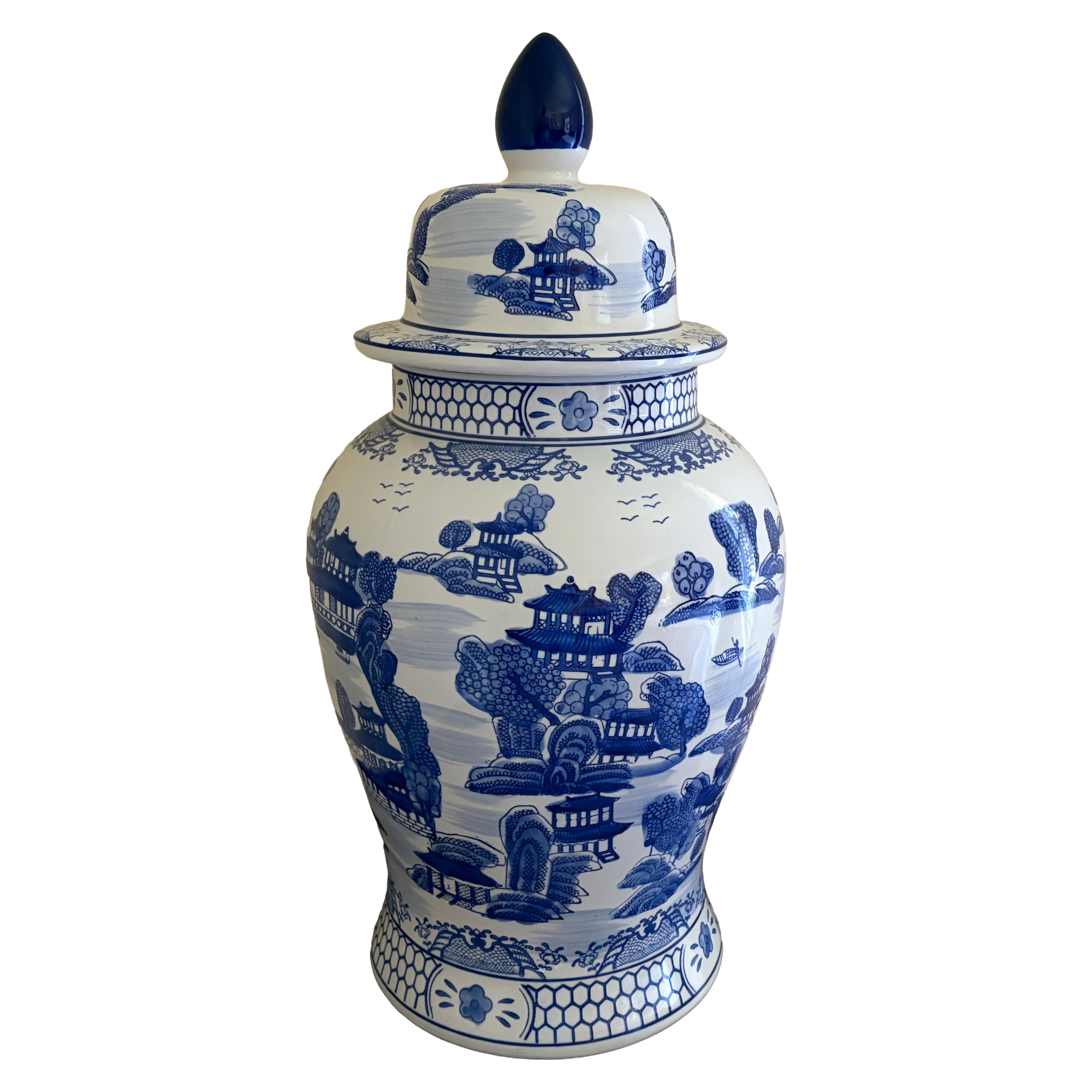 Large Blue and White Chinoiserie Porcelain Ginger Jar