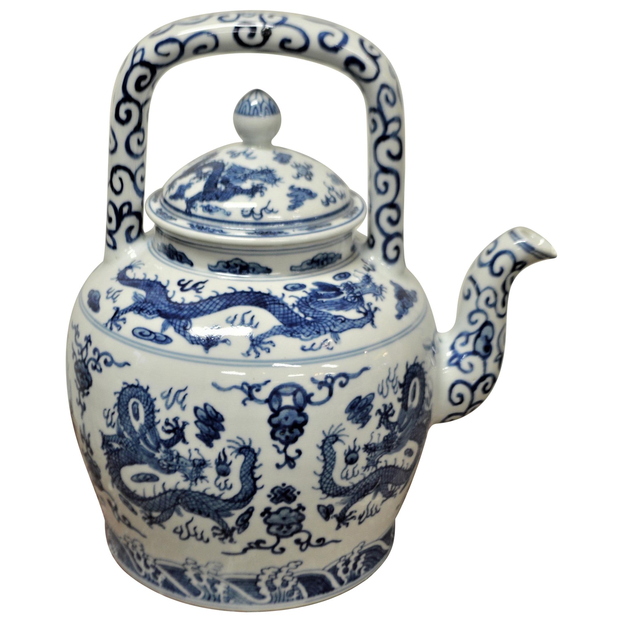 Large Blue and White Decorative Chinese Porcelain Tea Pot with Dragon Design