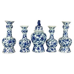 Antique Large Blue and White Delft Five Piece Garniture Hand Painted Netherlands