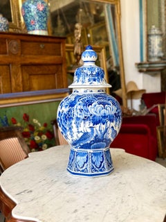 Large Blue and White Delft Lidded Vase with Birds and Flowers