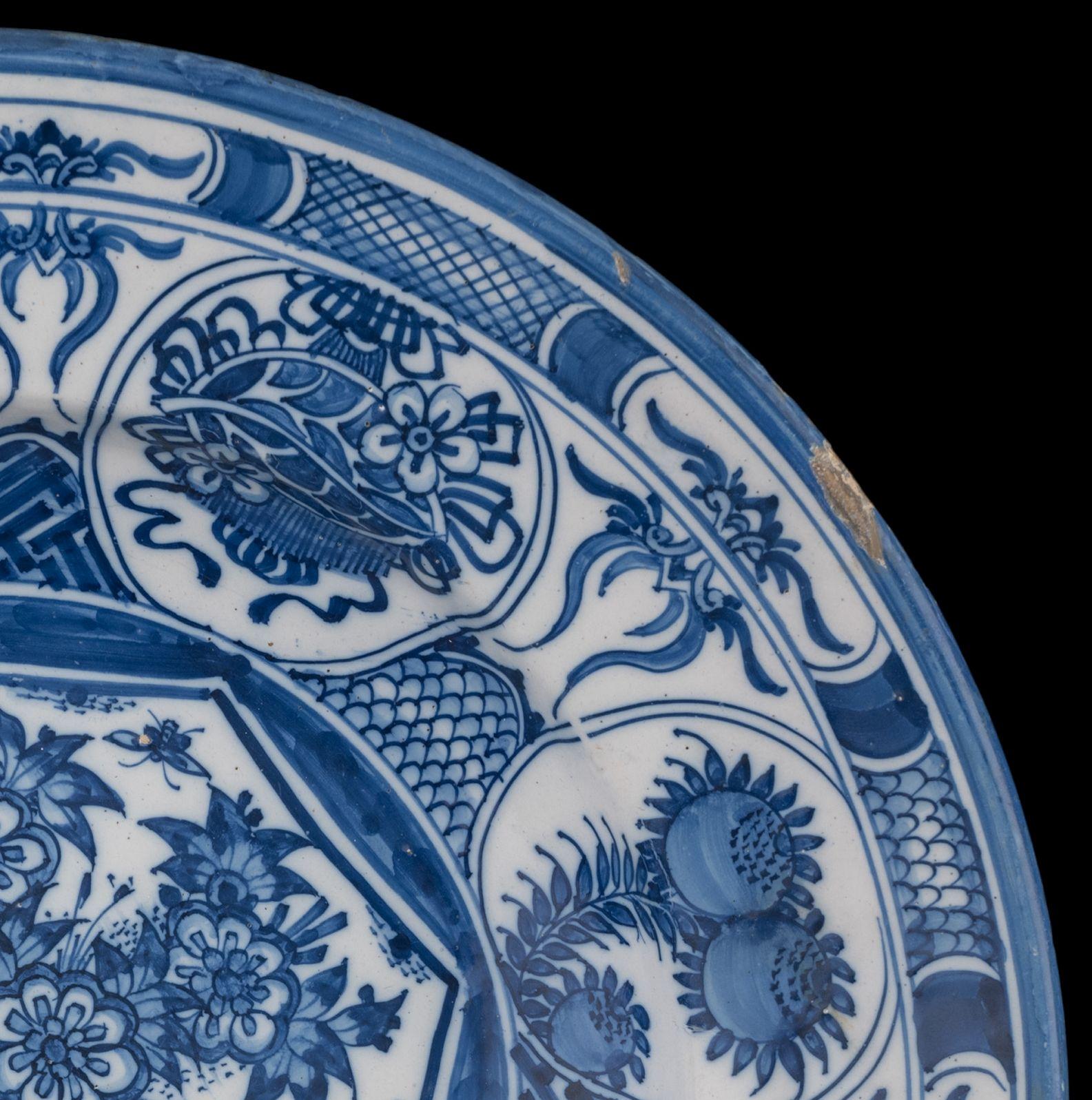 Dutch Large Blue and White Dish with a Flower Basket Delft, 1650-1680 For Sale