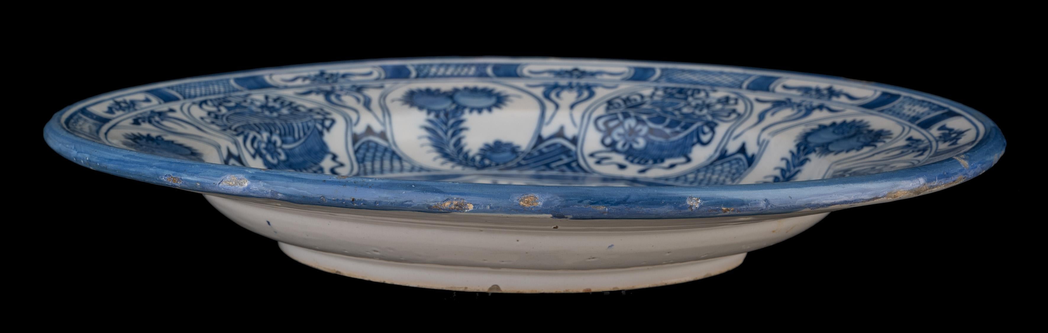Ceramic Large Blue and White Dish with a Flower Basket Delft, 1650-1680 For Sale