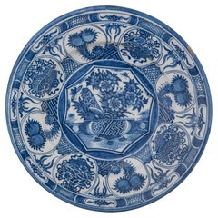 Antique Large Blue and White Dish with a Flower Basket Delft, 1650-1680