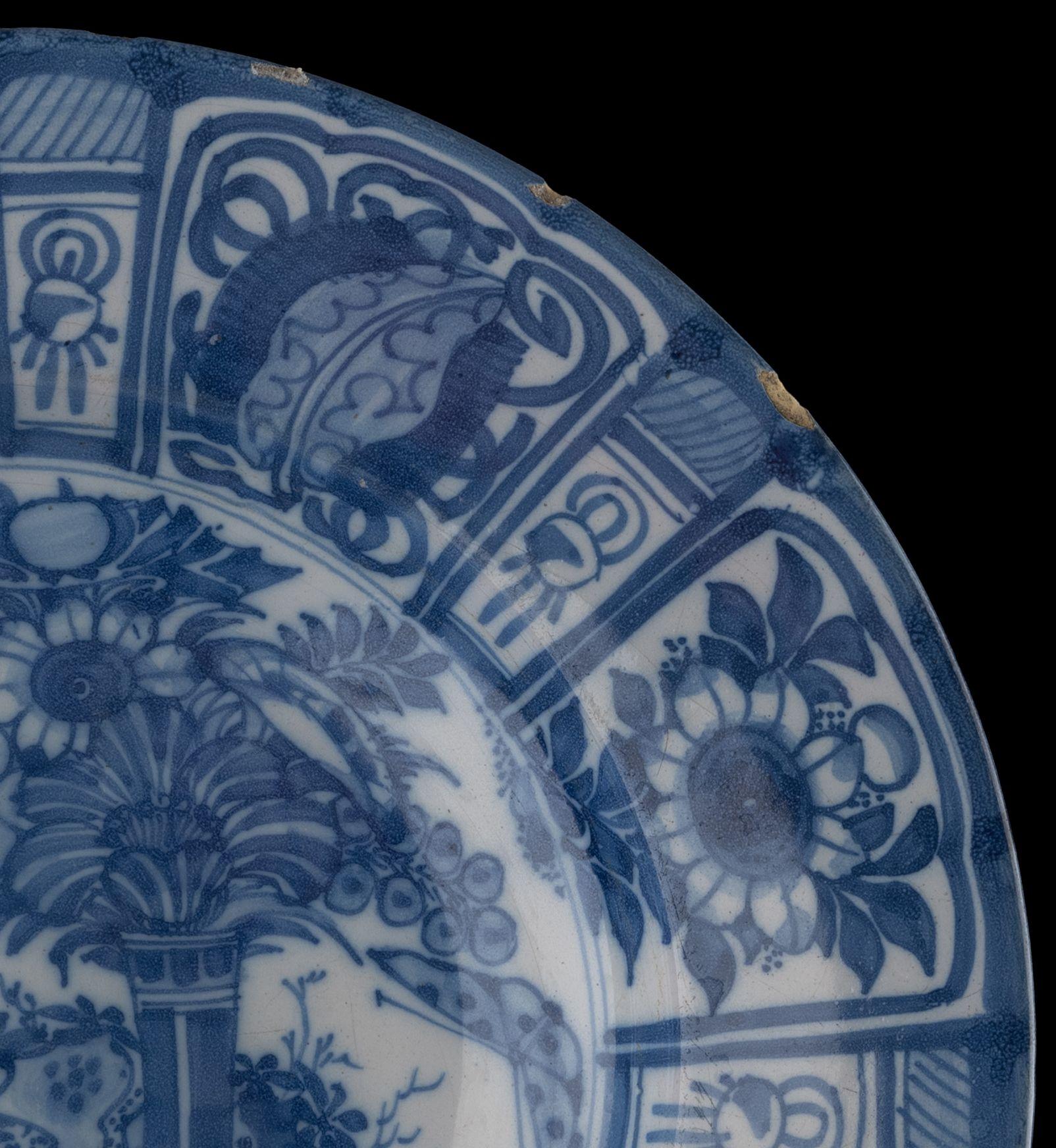 Dutch Large Blue and White Dish with Floral Still Life Delft, 1650-1680 For Sale