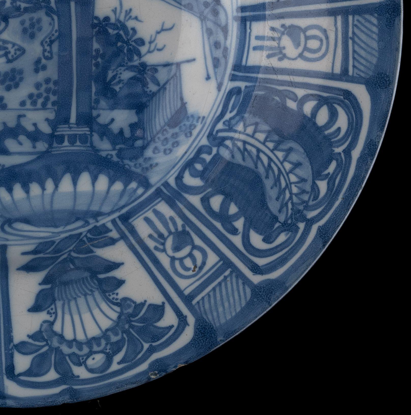 Glazed Large Blue and White Dish with Floral Still Life Delft, 1650-1680 For Sale