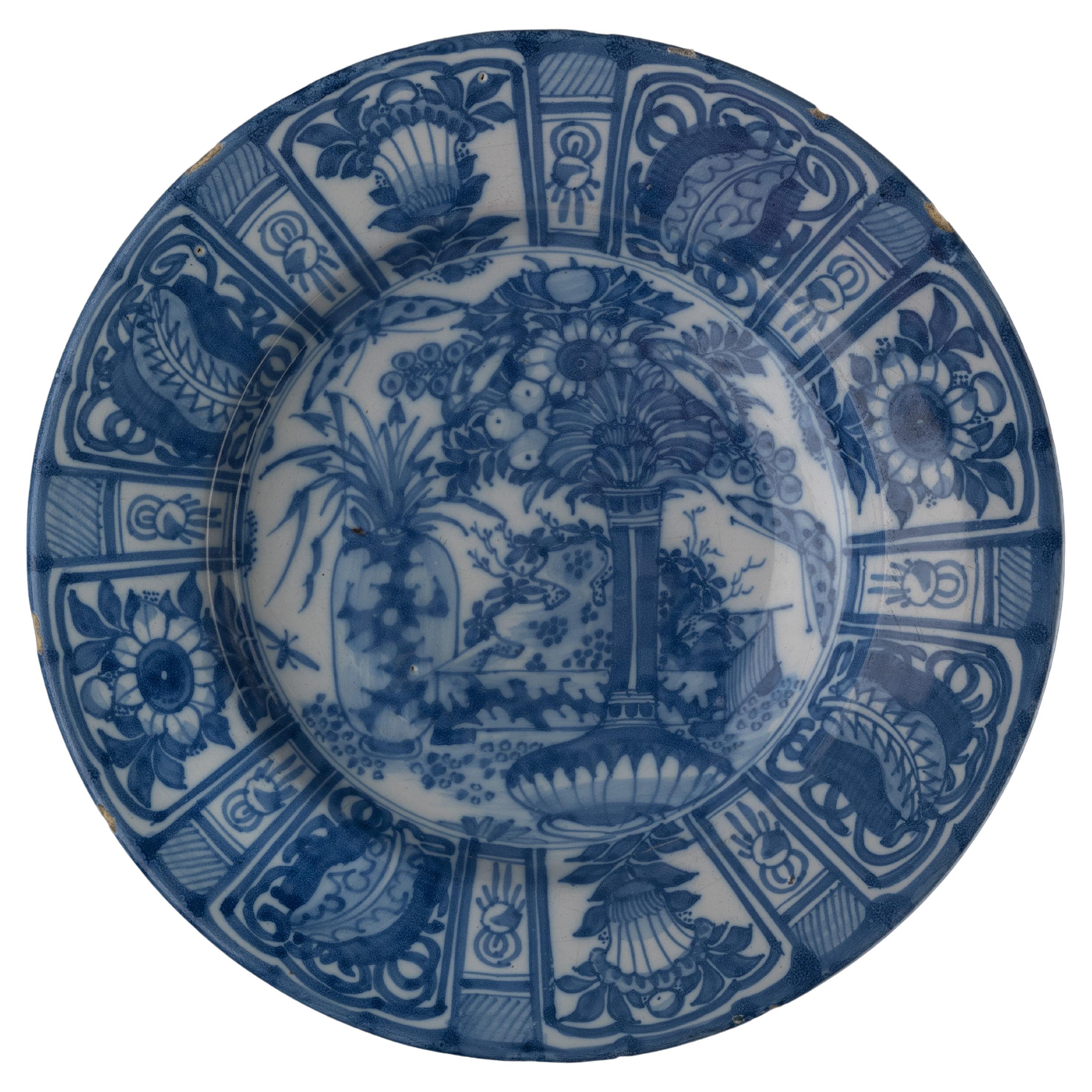 Large Blue and White Dish with Floral Still Life Delft, 1650-1680 For Sale