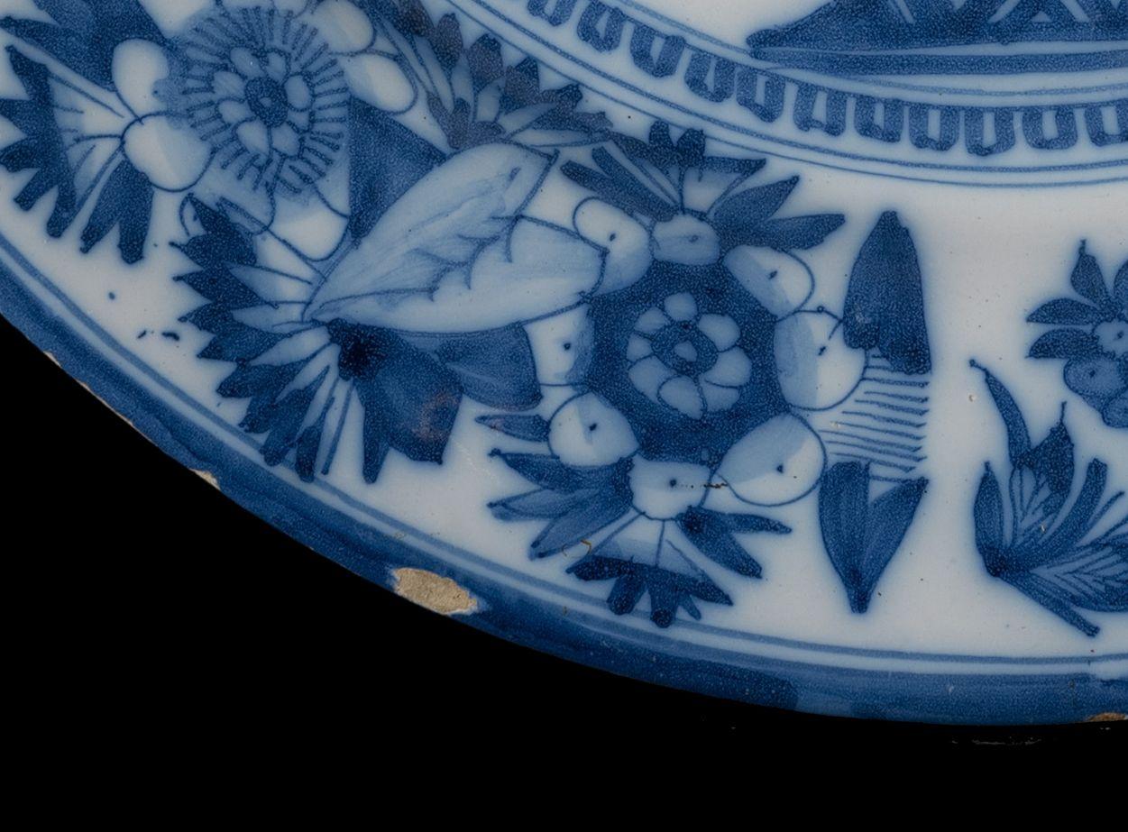 17th Century Large Blue and White Dish with Flower Vase, Delft, 1665-1675 For Sale