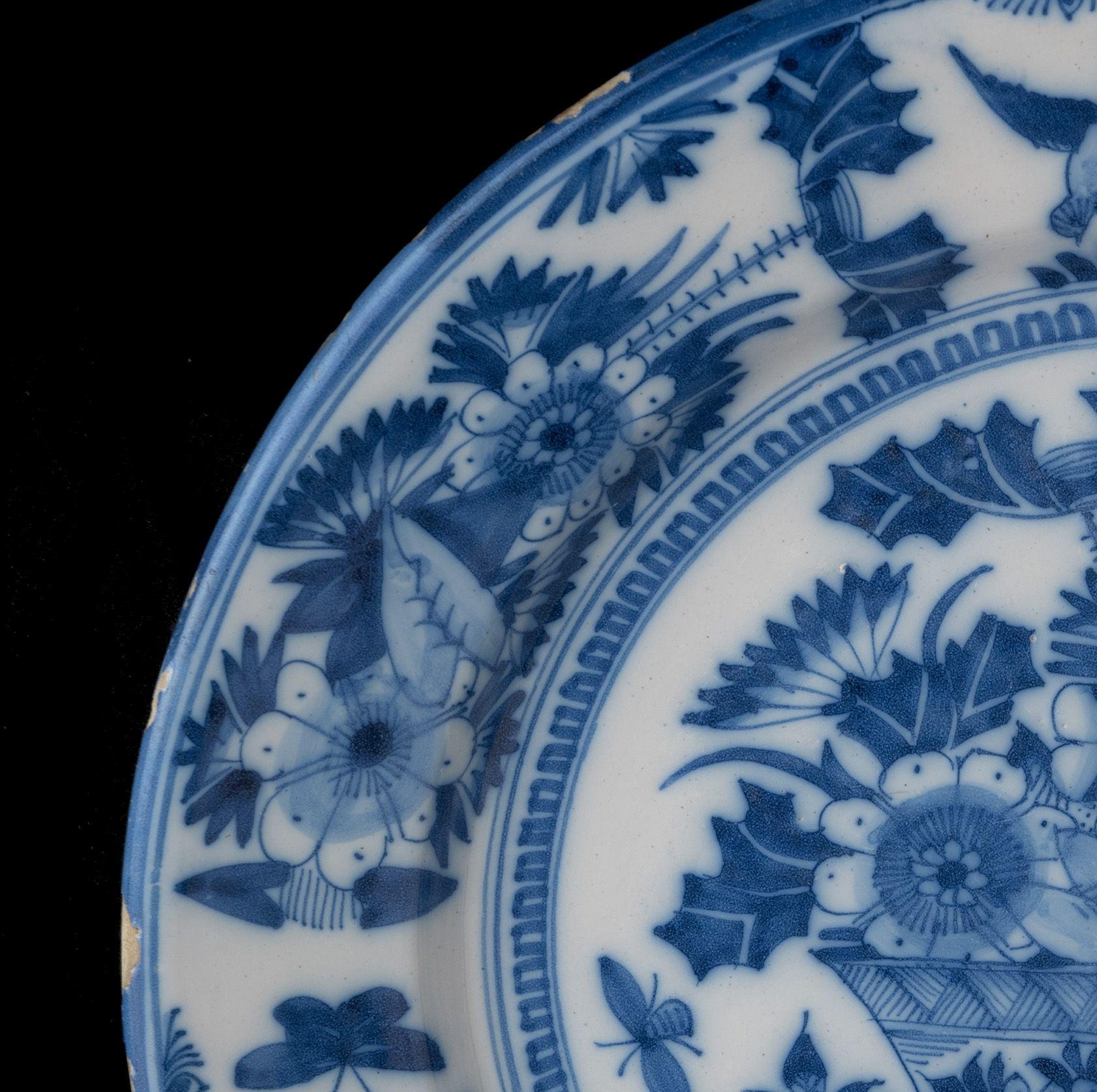 Ceramic Large Blue and White Dish with Flower Vase, Delft, 1665-1675 For Sale