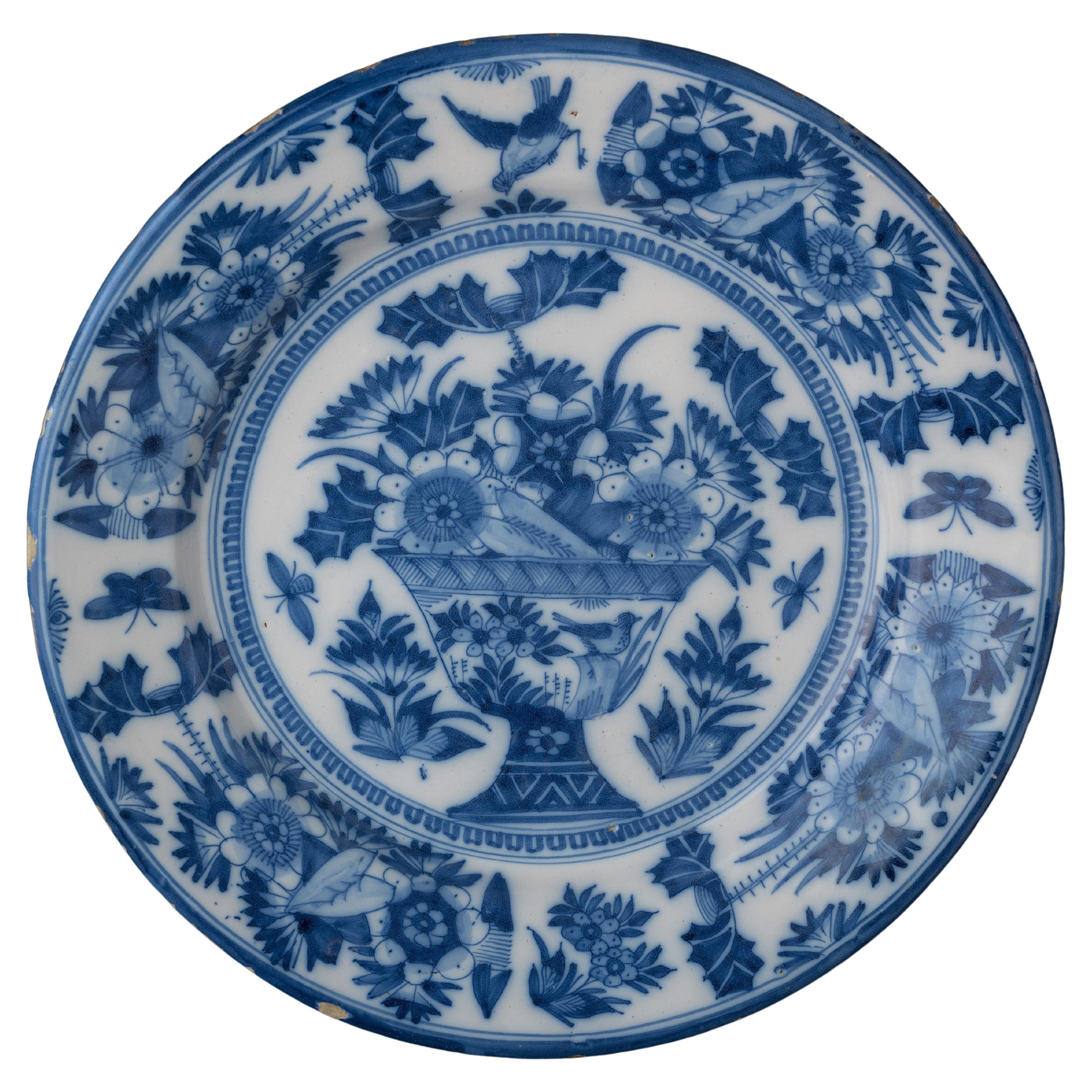 Large Blue and White Dish with Flower Vase, Delft, 1665-1675 For Sale