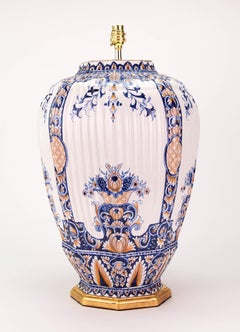 French Faience Large Hexagonal Ribbed Form Blue, White and Iron Red Table Lamp