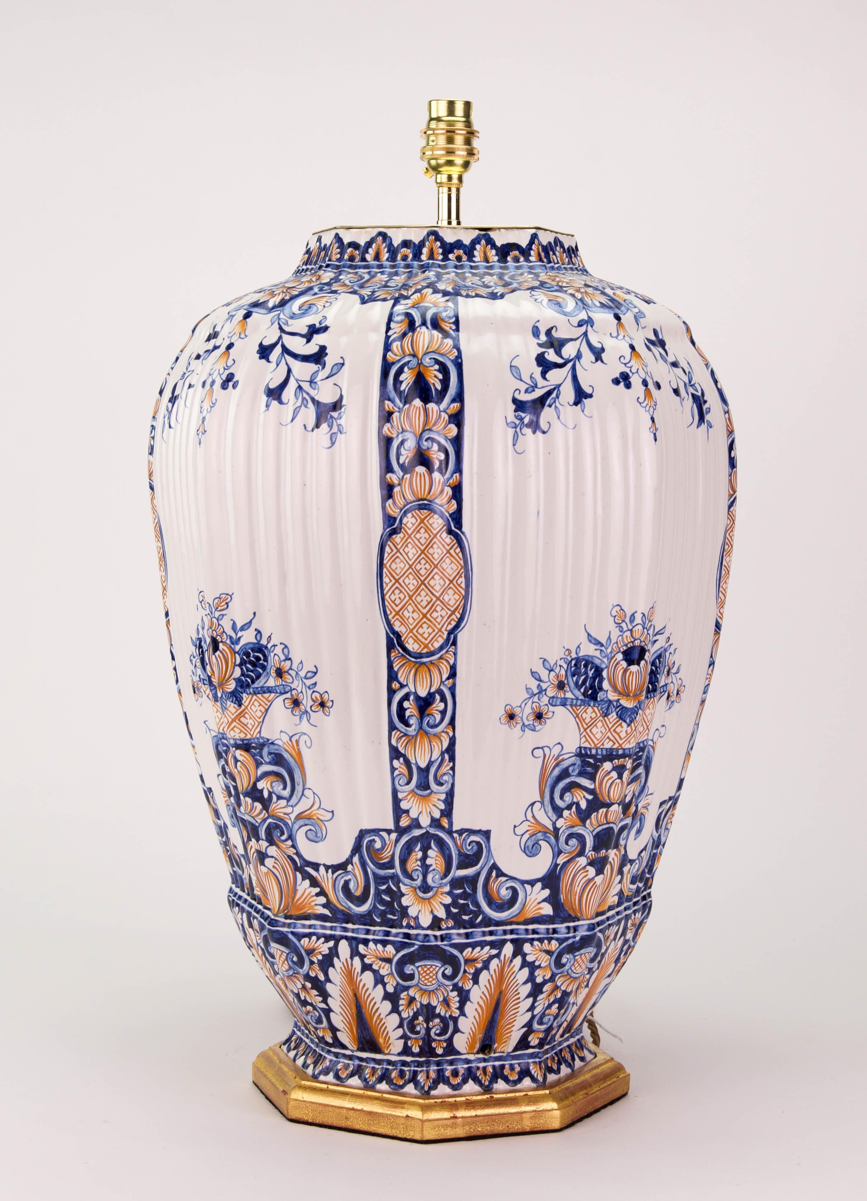 French Large Blue and White Faience Antique Table Lamp For Sale
