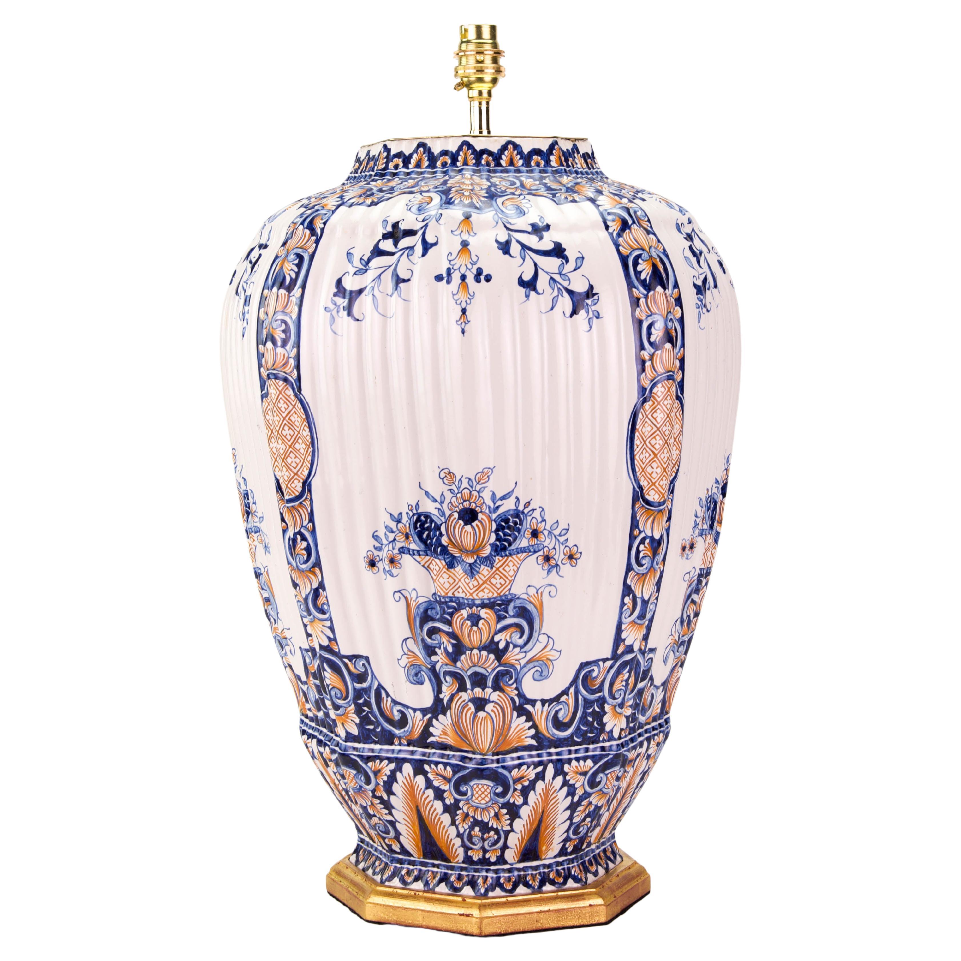 French Faience Large Hexagonal Ribbed Form Blue, White and Iron Red Table Lamp For Sale