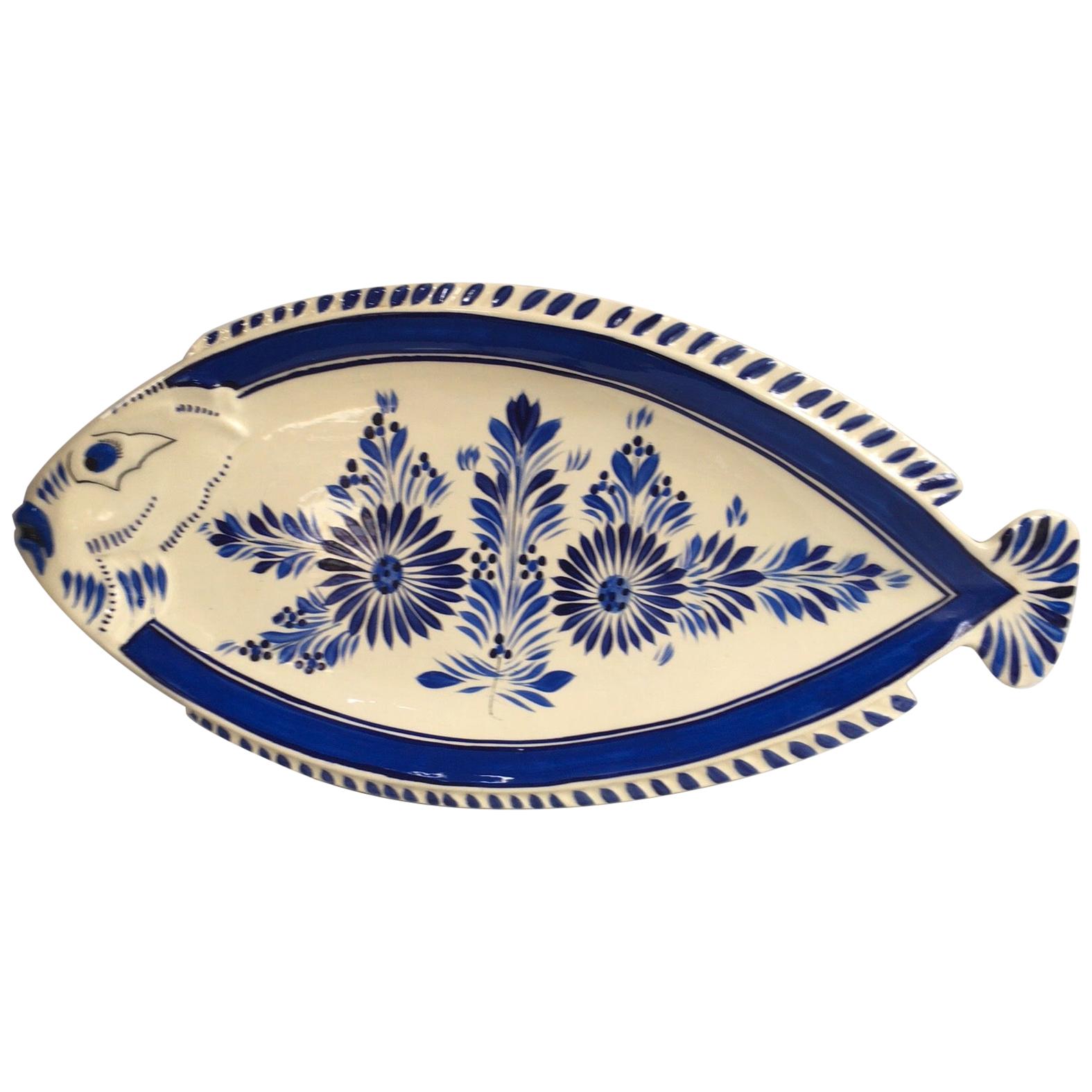 Large Blue and White Faience Fish Platter Quimper, circa 1930