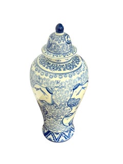Large Blue and White Faience Lidded Vase with Landscape Motifs