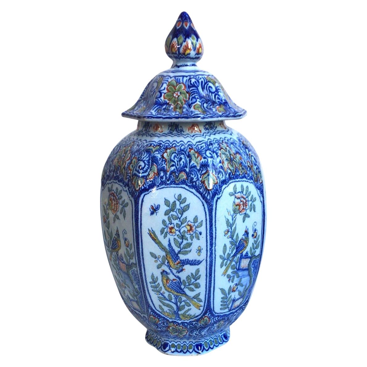 Large Blue and White French Faience Ginger Jar with Birds Desvres, circa 1880 For Sale