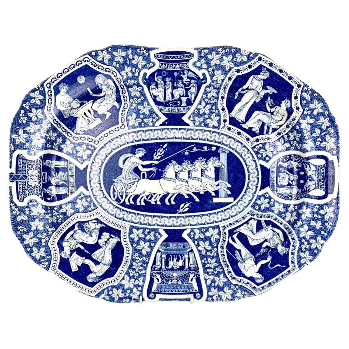 Große blaue und weiße Spode Greekware Platte England CIRCA 1810 Neoklassisch 