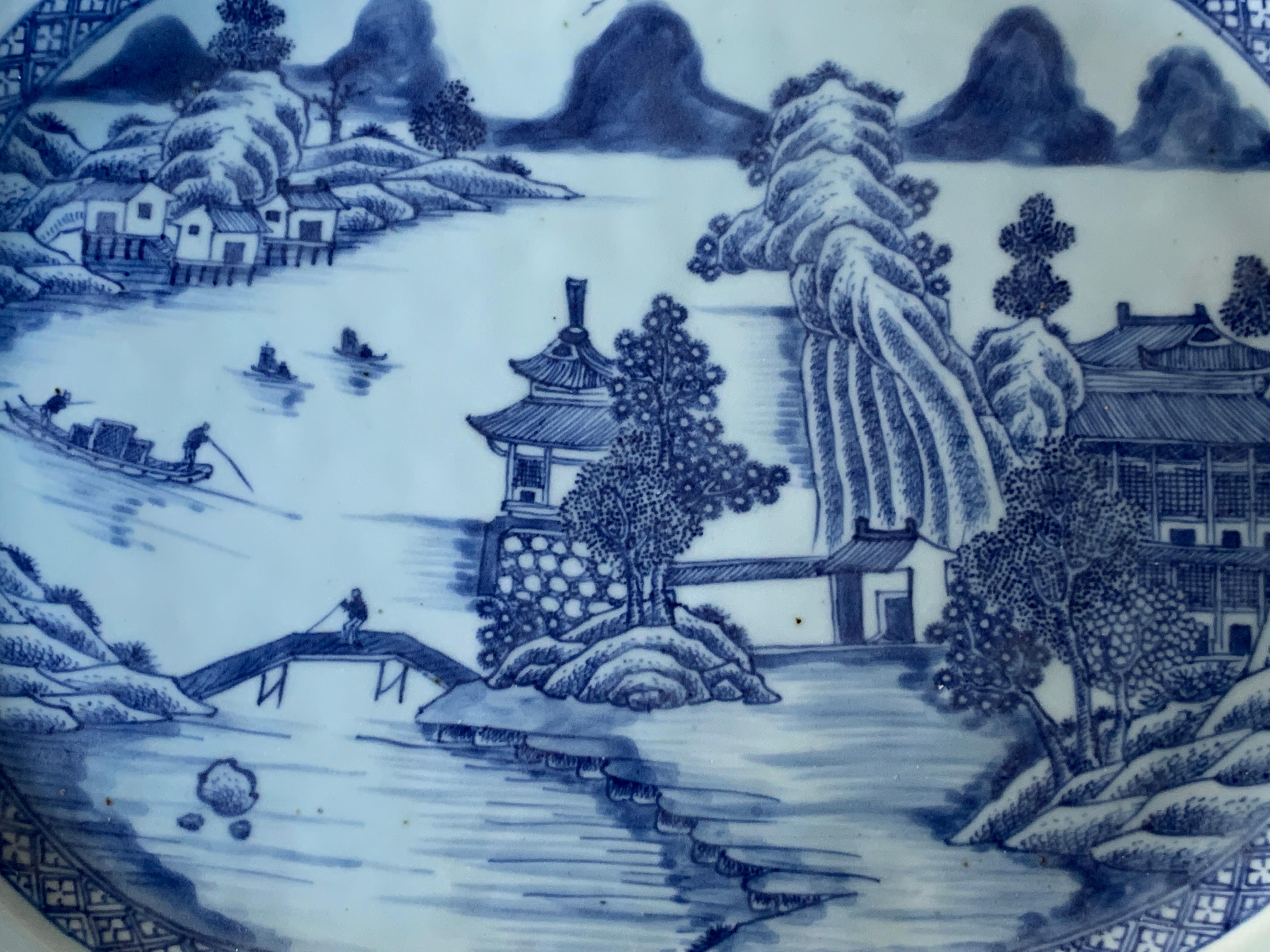 Qing Large Blue and White Hand-Painted Chinese Porcelain Platter, 18th Century c-1780