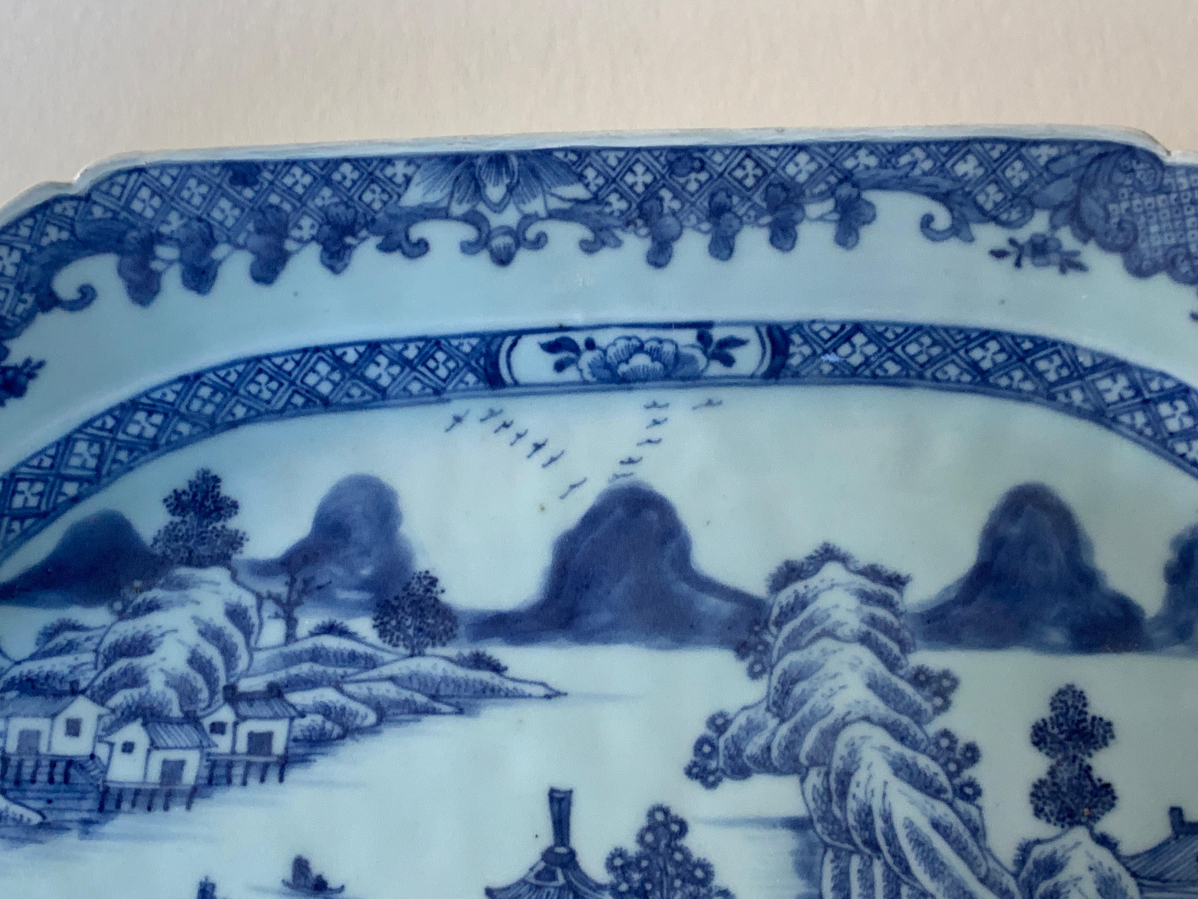 Large Blue and White Hand-Painted Chinese Porcelain Platter, 18th Century c-1780 2