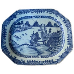 Large Blue and White Hand-Painted Chinese Porcelain Platter, 18th Century c-1780