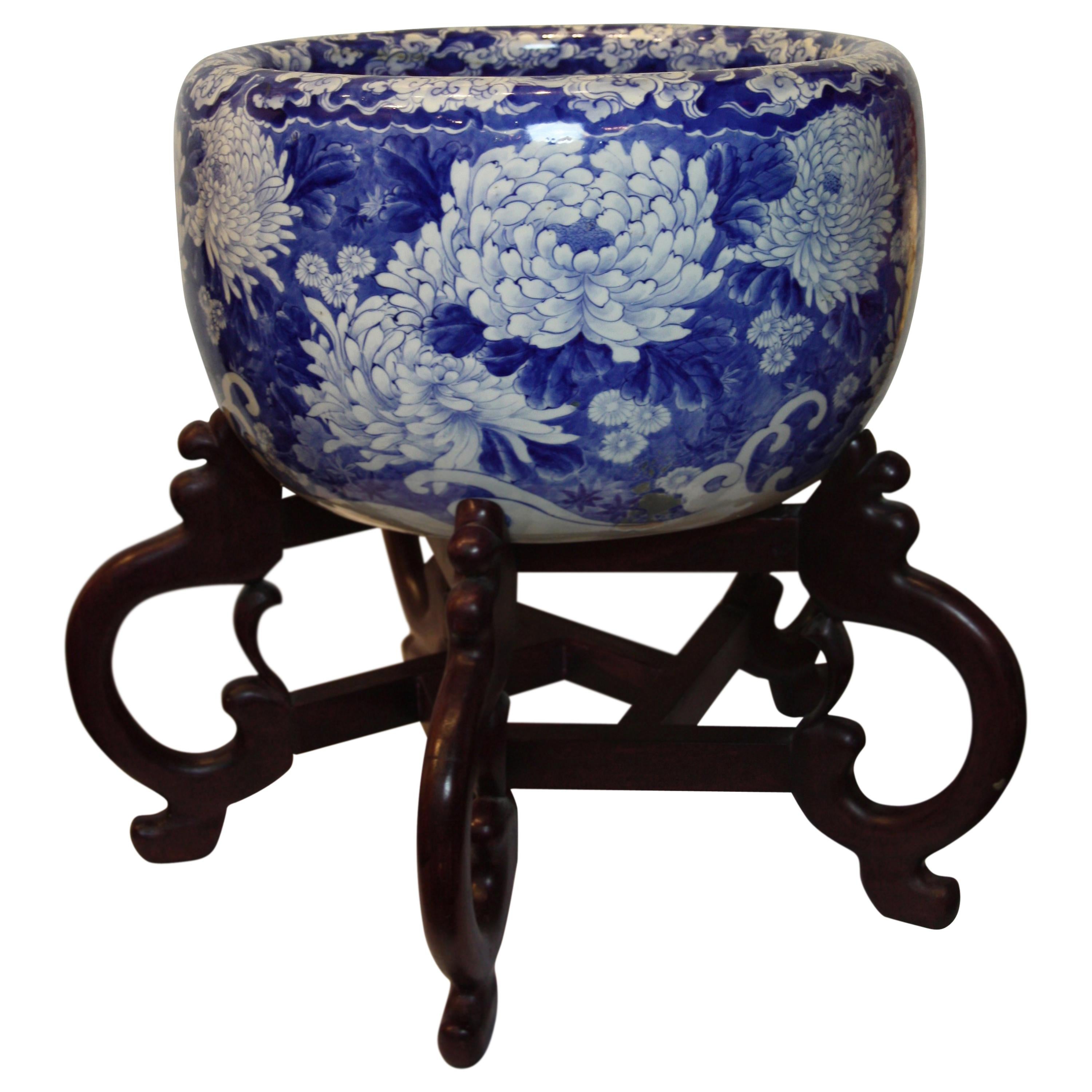 Large Blue and White, Hand-Painted Jardinière Decorated with Flowers
