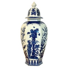 Large Blue and White Hexagonal Lidded Porcelain Vase, Chinoiserie