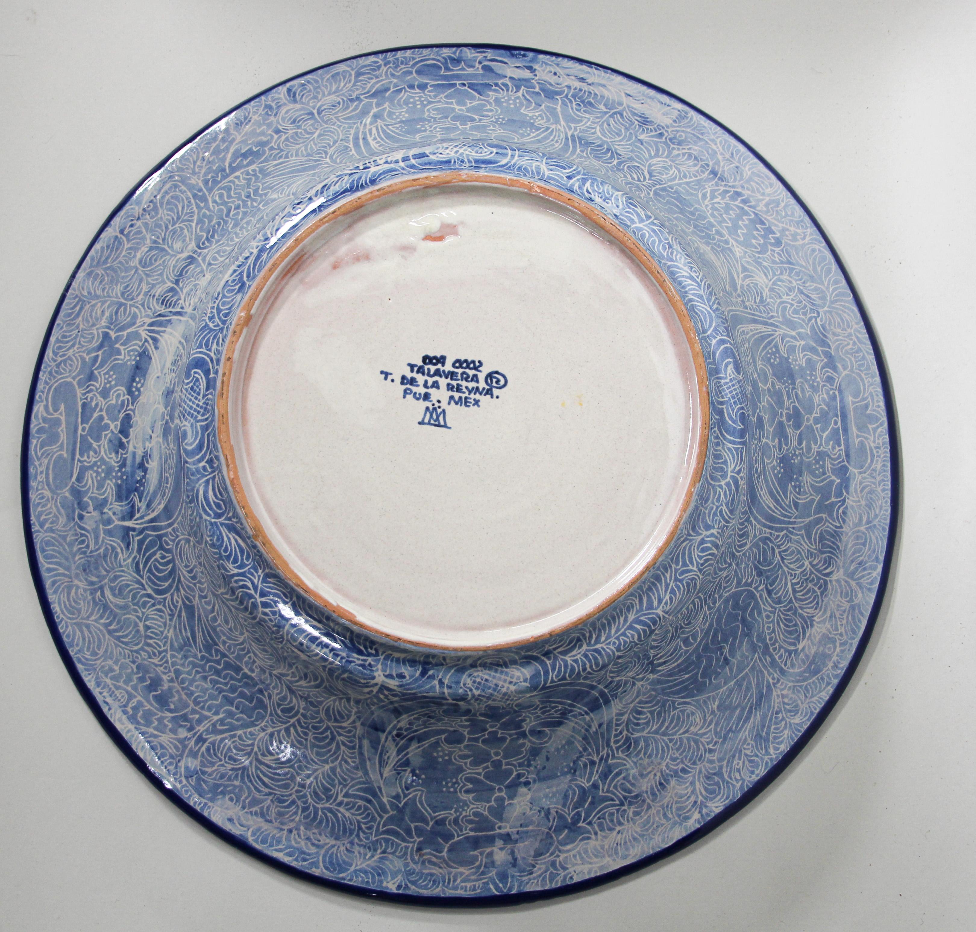 Large Blue and White Mexican Talavera Glazed Ceramic Bowl 7