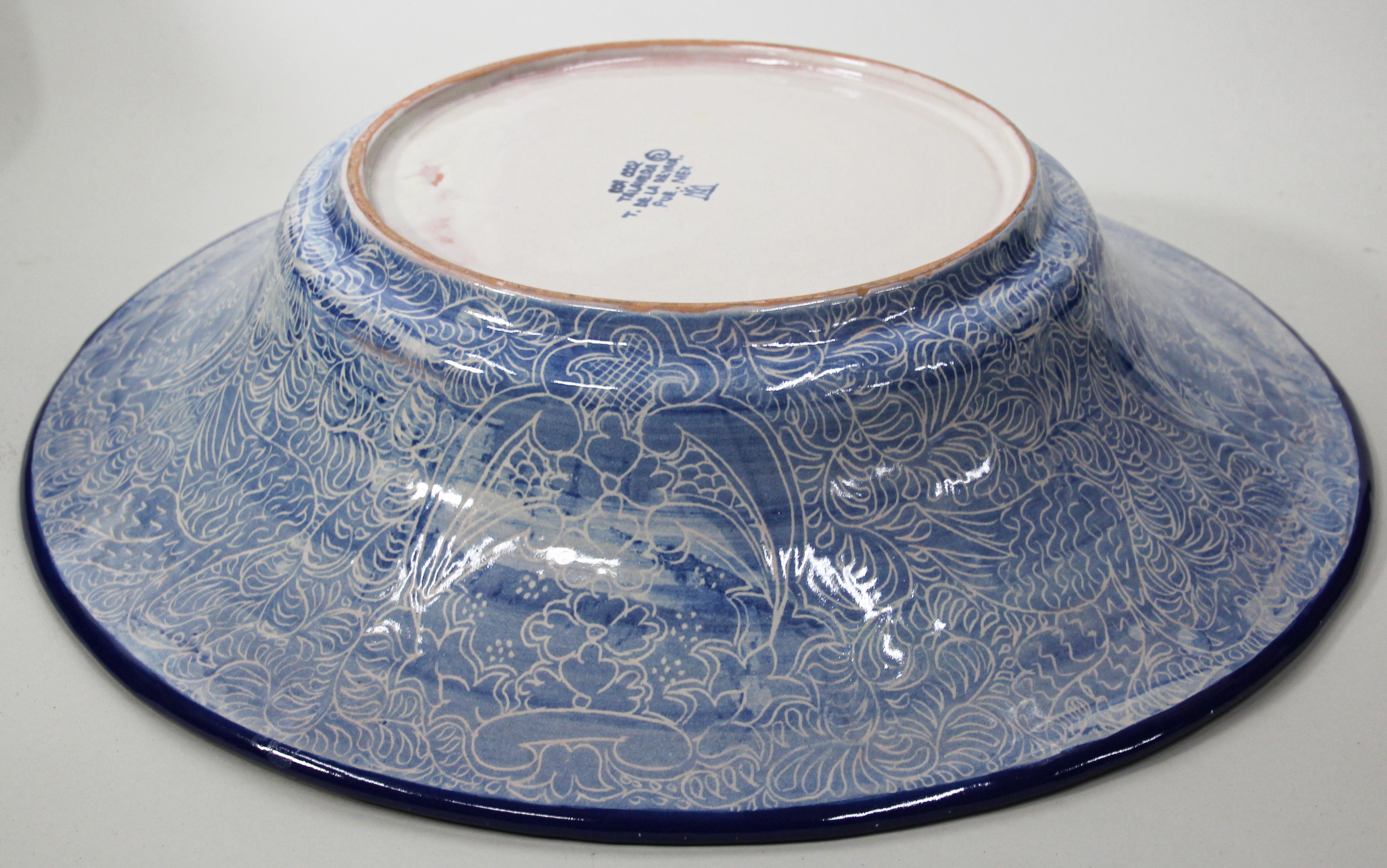 Large Blue and White Mexican Talavera Glazed Ceramic Bowl 8
