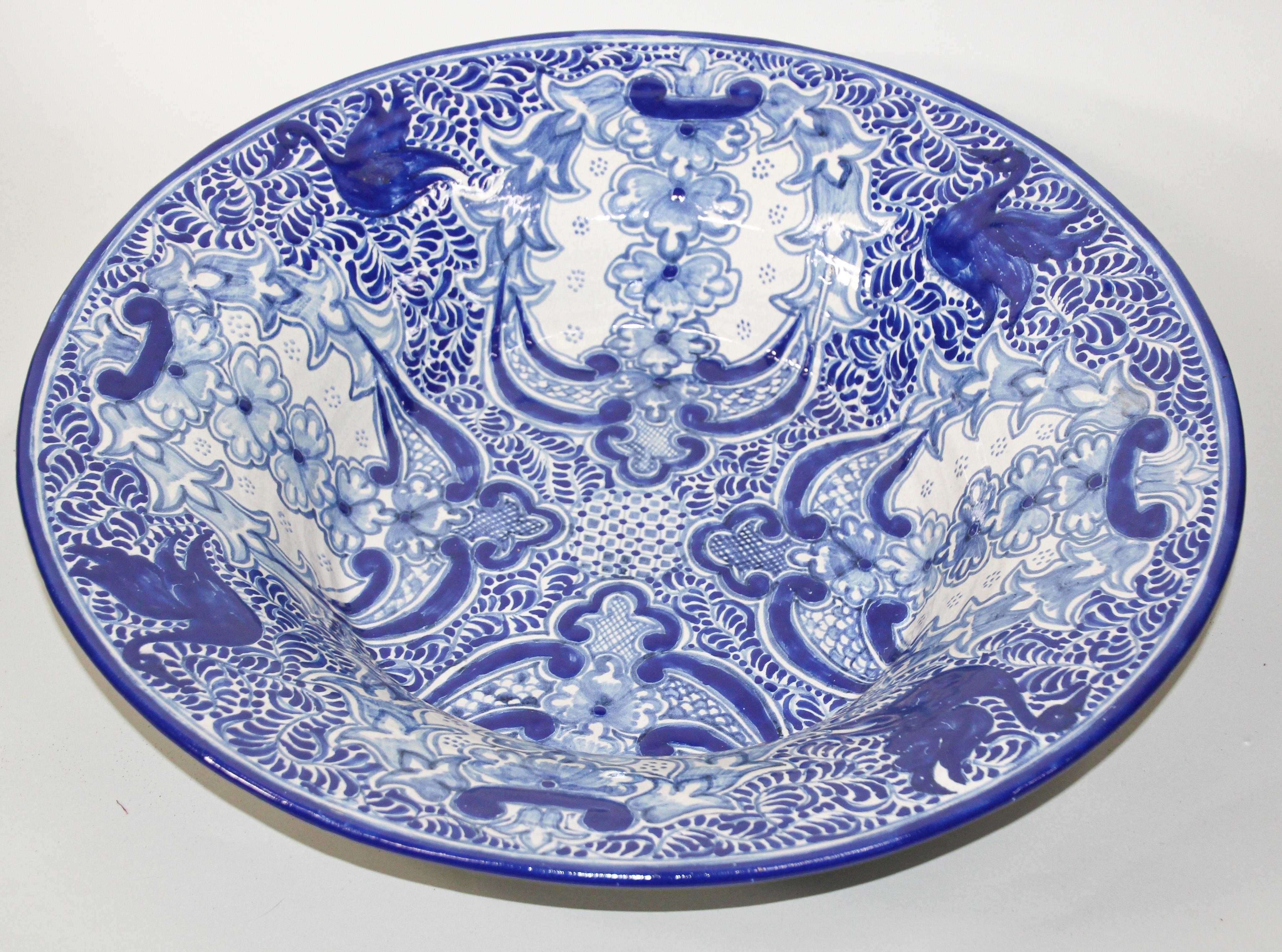 Large Blue and White Mexican Talavera Glazed Ceramic Bowl 10