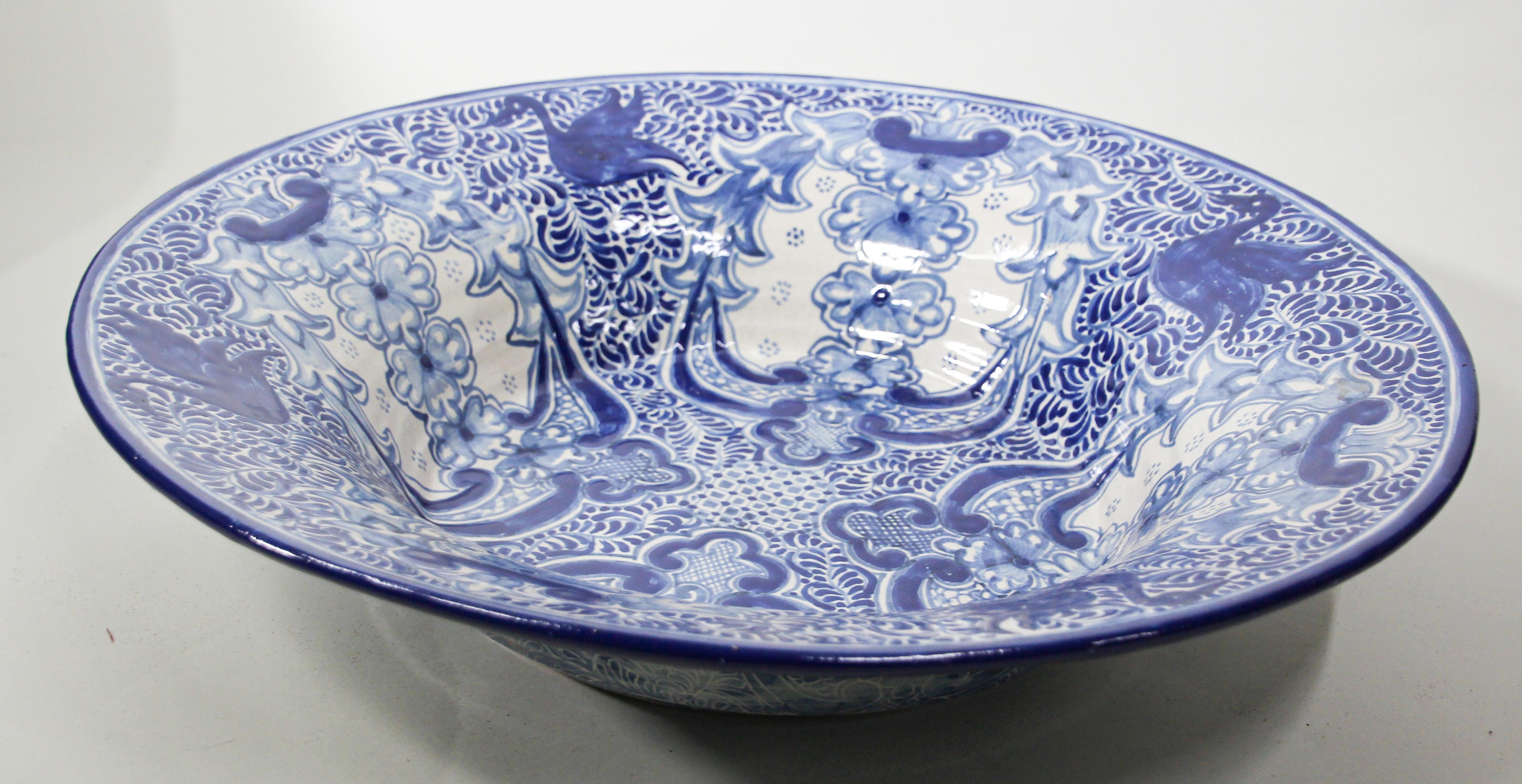 Large Blue and White Mexican Talavera Glazed Ceramic Bowl 11