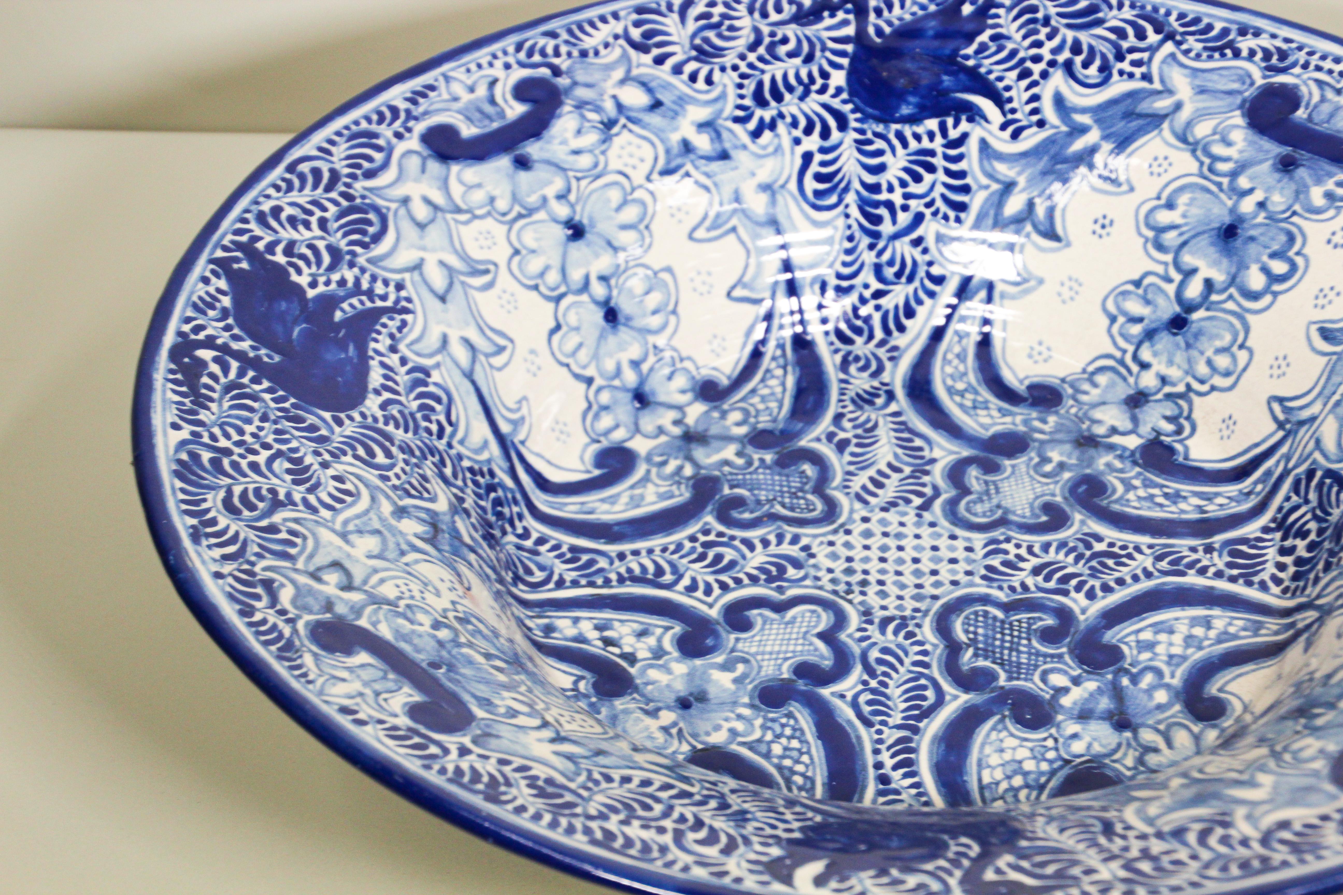 Folk Art Large Blue and White Mexican Talavera Glazed Ceramic Bowl