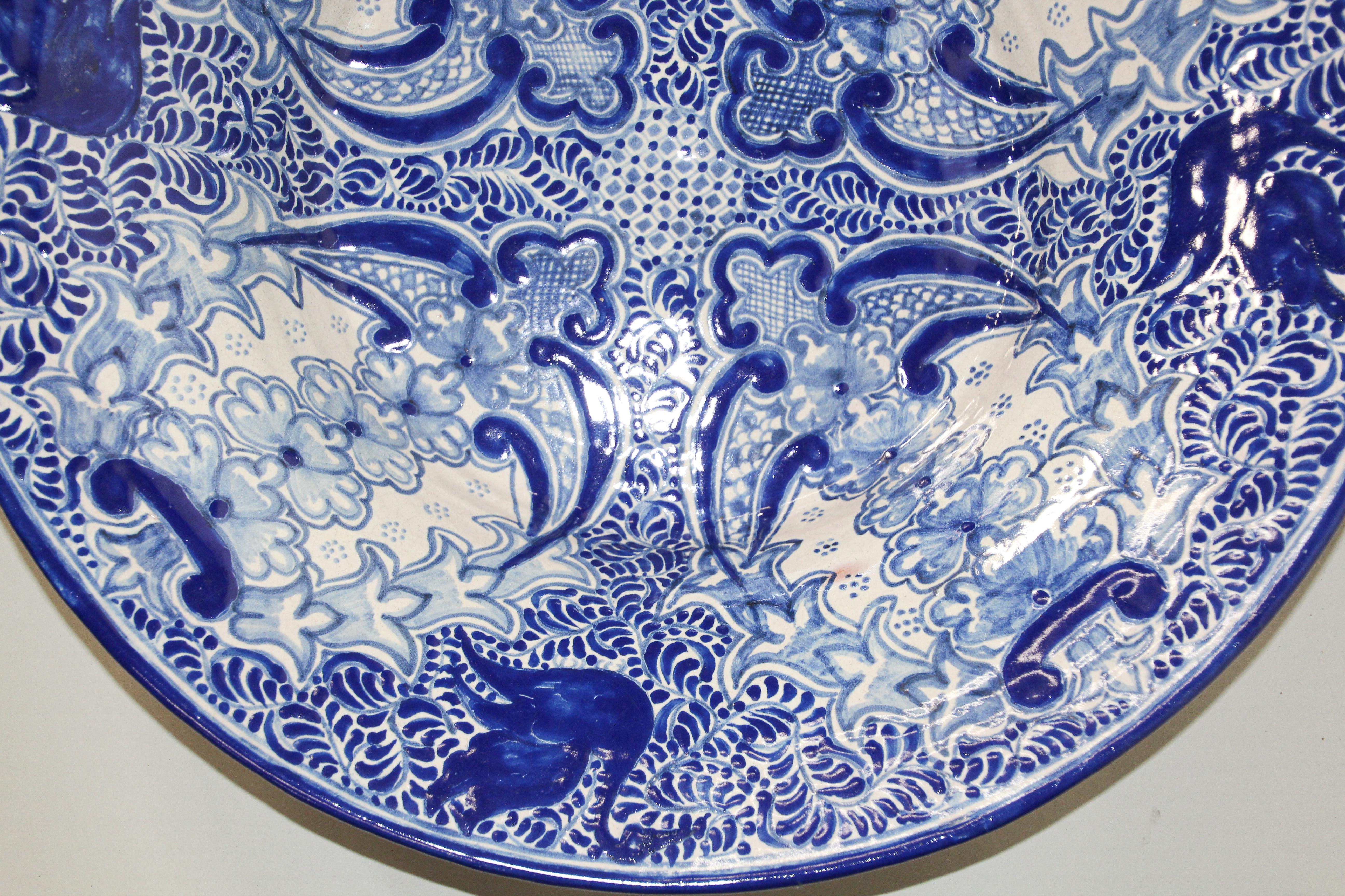 Large Blue and White Mexican Talavera Glazed Ceramic Bowl 1