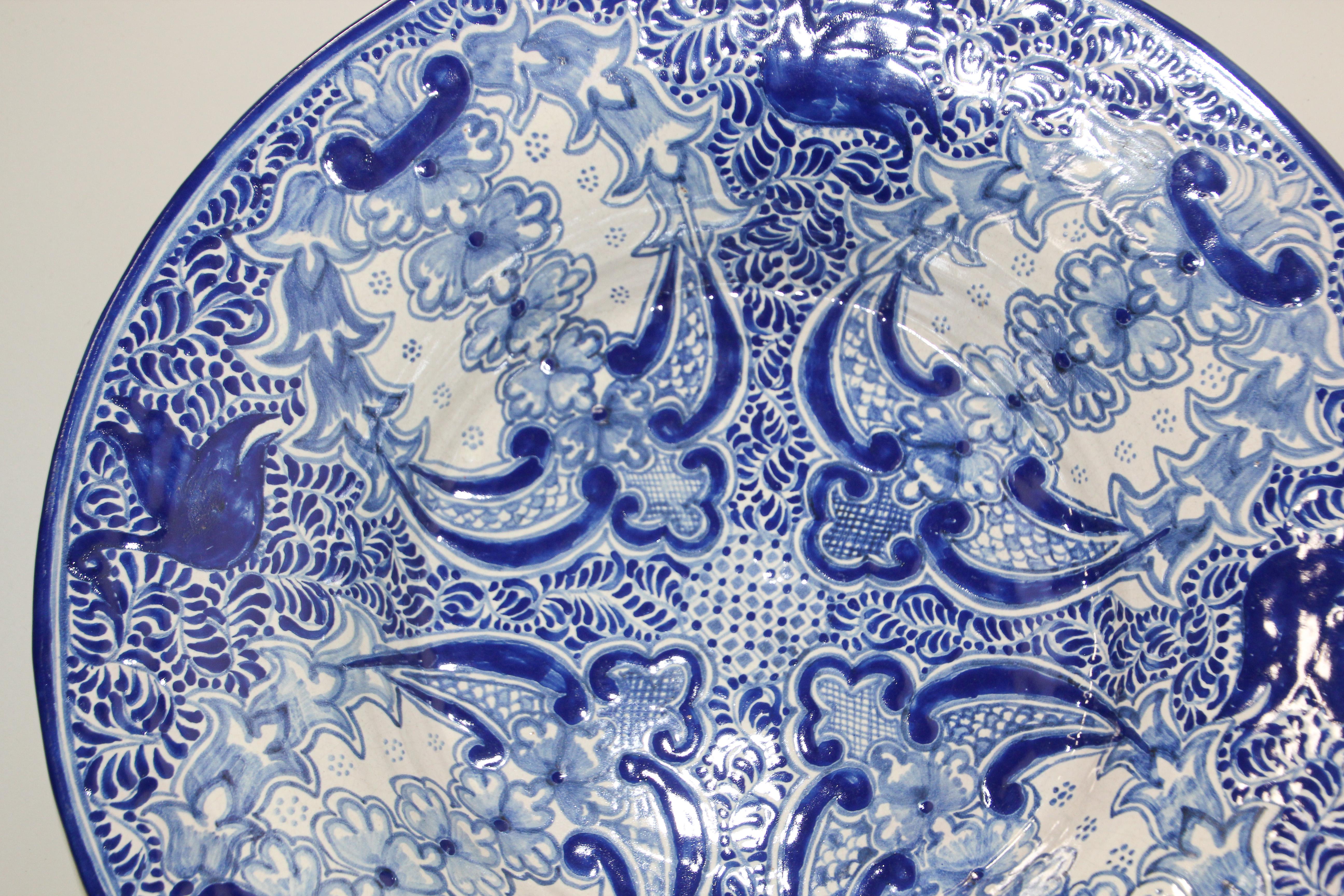 Large Blue and White Mexican Talavera Glazed Ceramic Bowl 2
