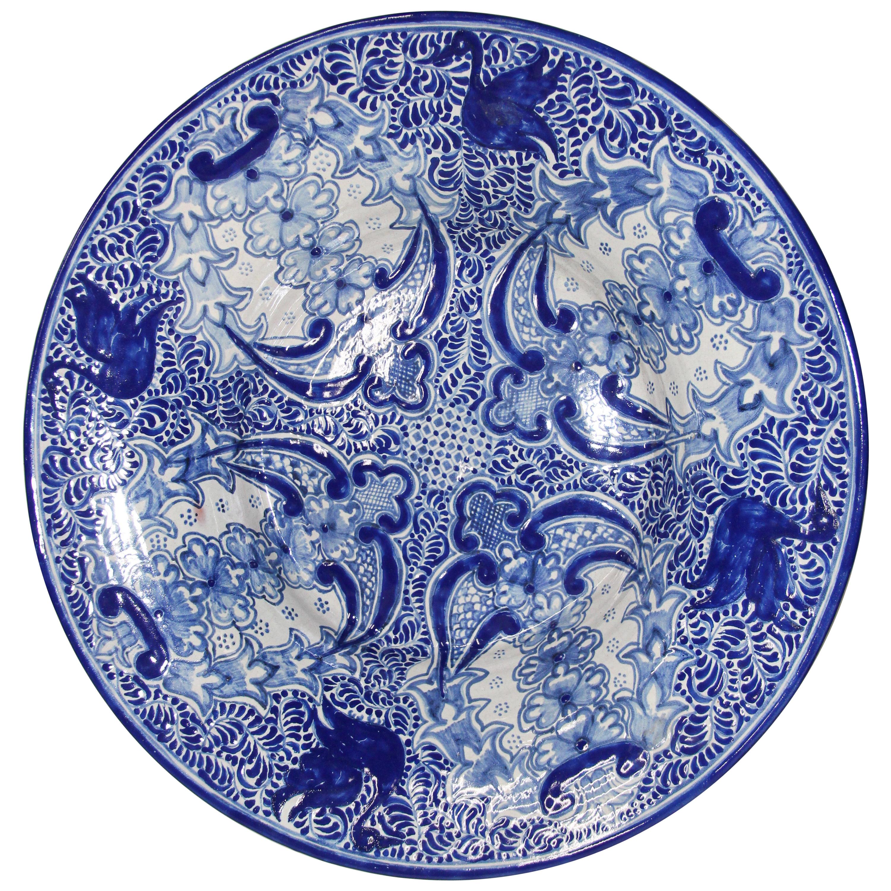 Large Blue and White Mexican Talavera Glazed Ceramic Bowl