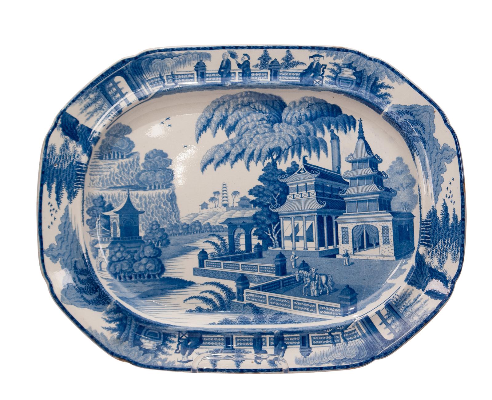 An early 19th century English large blue and white platter in the Chinese style, circa 1820.