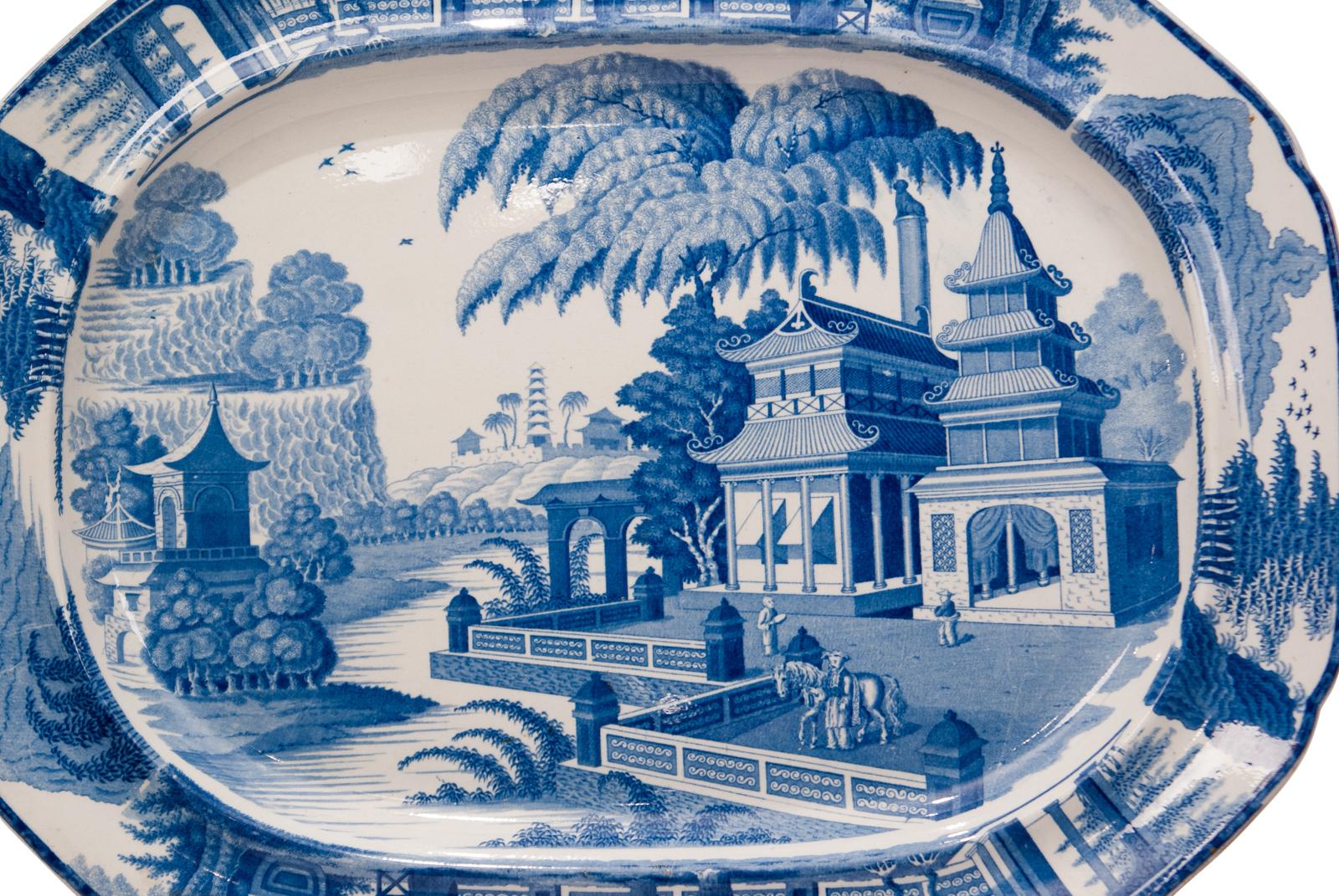 British Large Blue and White Platter in the Chinese Style, England, circa 1820