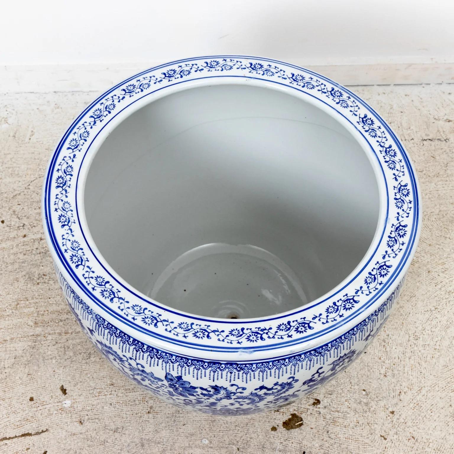 large blue and white planter