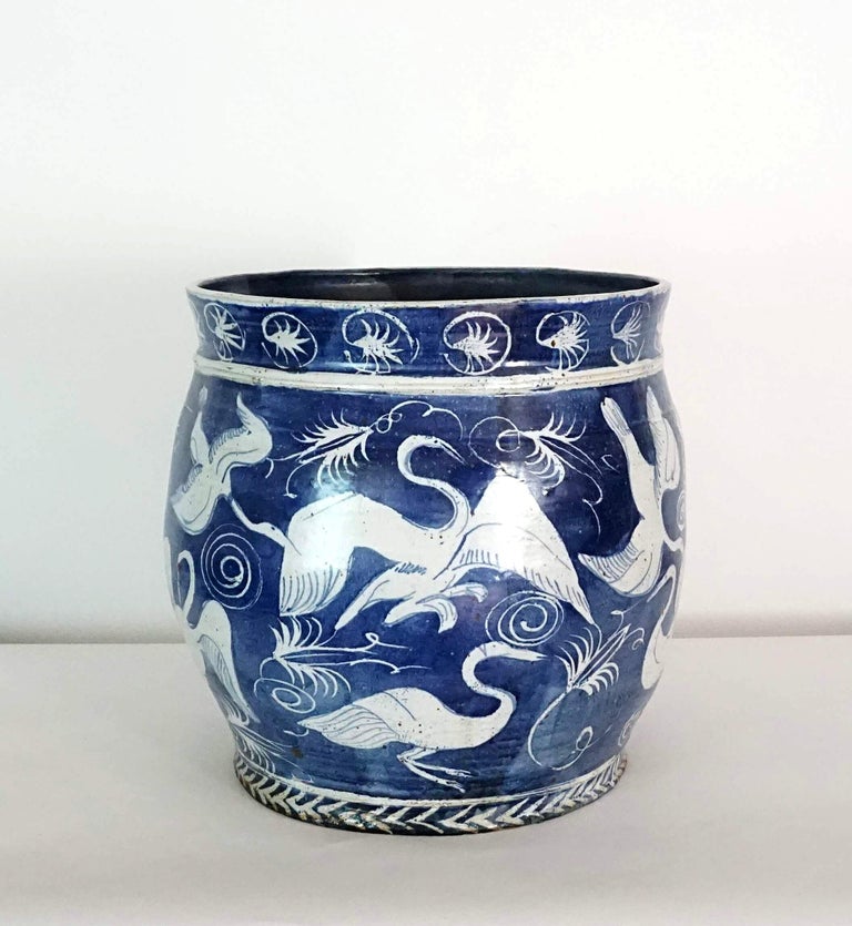 Large Blue and White Fishbowl form Planter or Jardinière, M. Jay