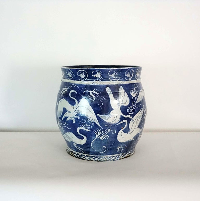 Large Blue and White Fishbowl form Planter or Jardinière, M. Jay