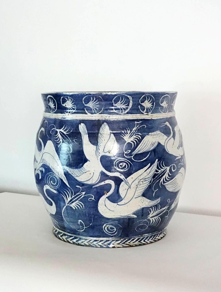 Large Blue and White Fishbowl form Planter or Jardinière, M. Jay