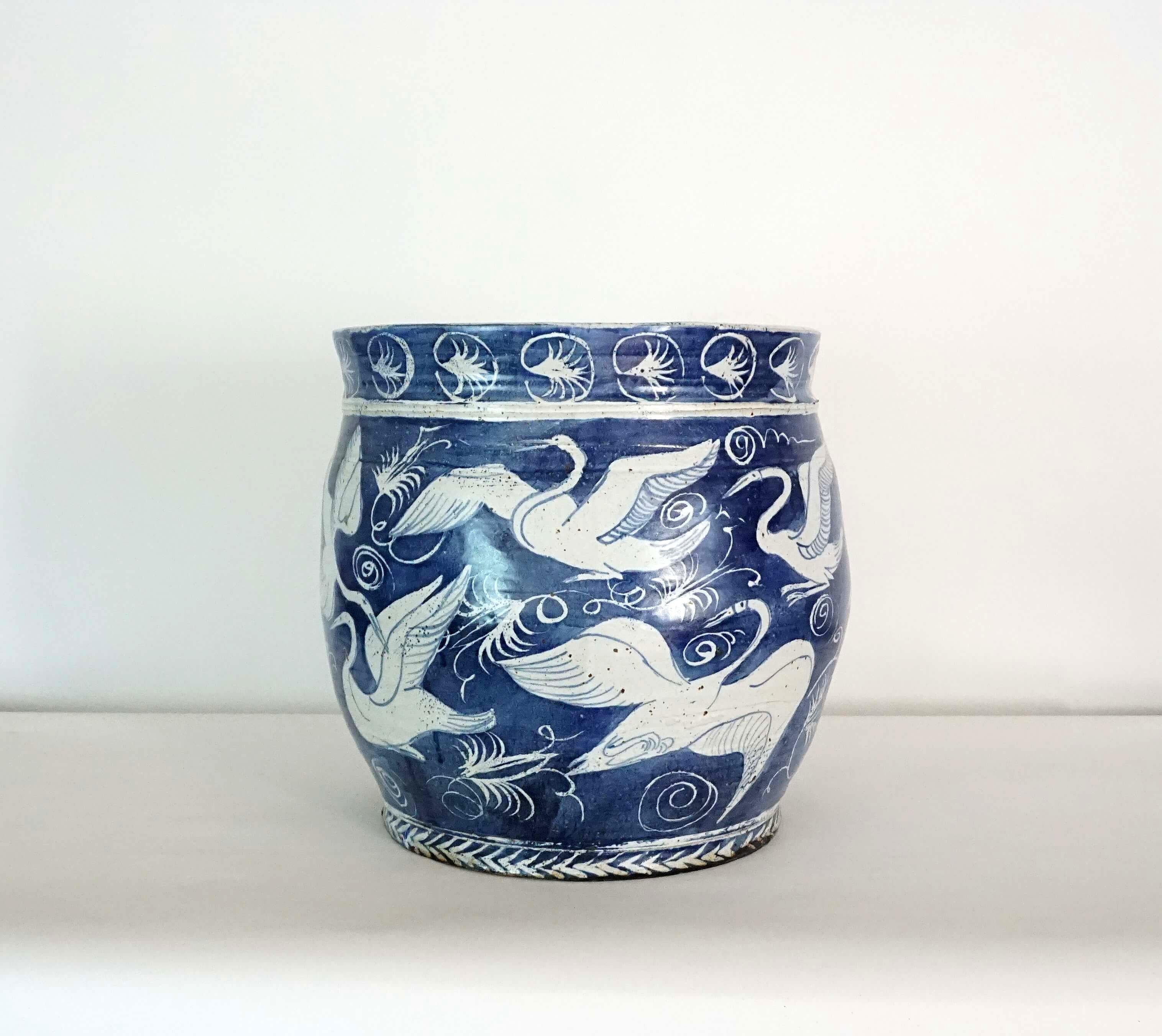 Late 20th Century Large Blue and White Fishbowl form Planter or Jardinière, M. Jay Lindsay, 1979