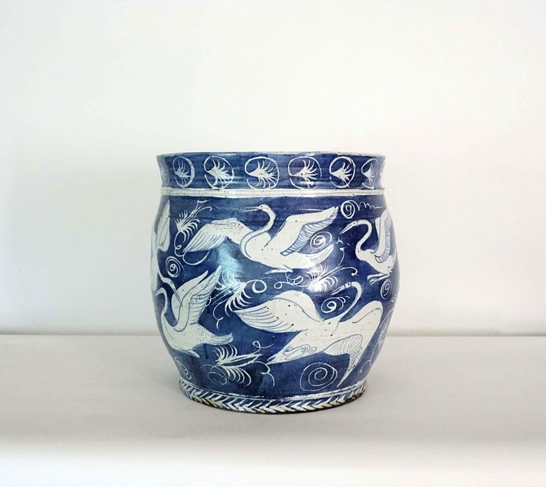 Large Blue and White Fishbowl form Planter or Jardinière, M. Jay