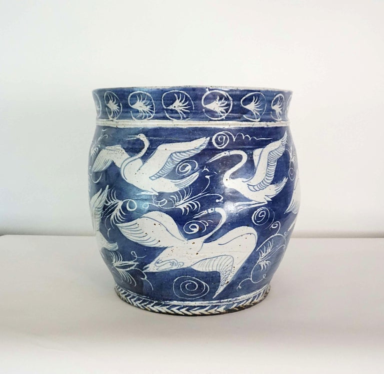 Large Blue and White Fishbowl form Planter or Jardinière, M. Jay