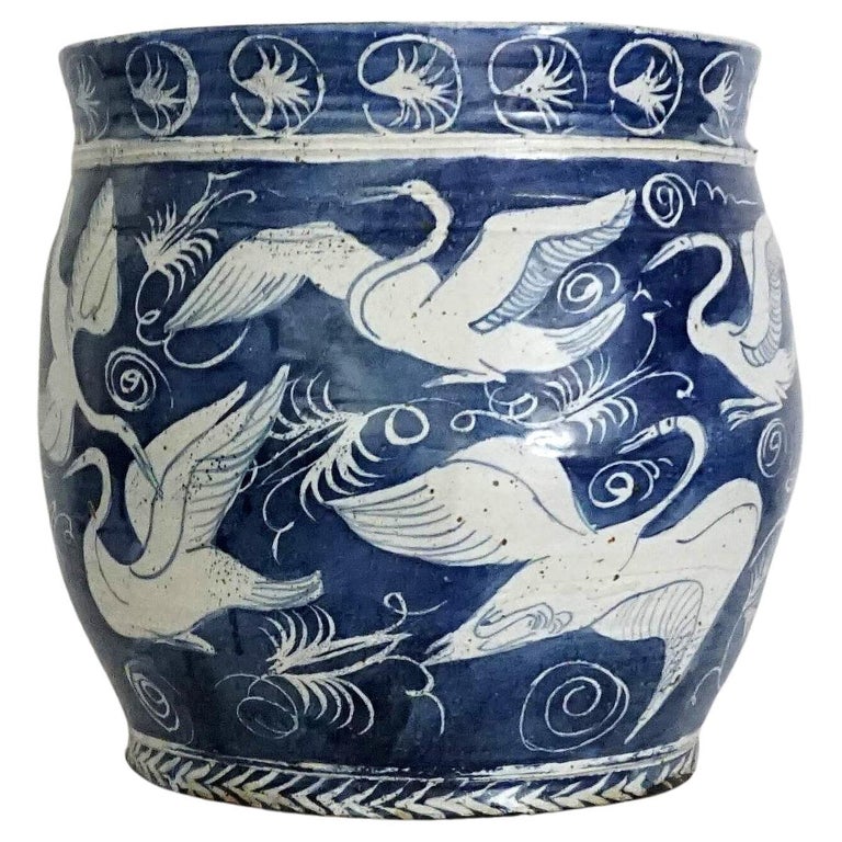 Large Blue and White Fishbowl form Planter or Jardinière, M. Jay